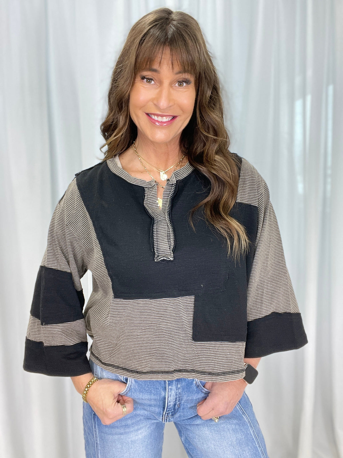 Pol Midnight Stripe V-Neck Colorblock Top