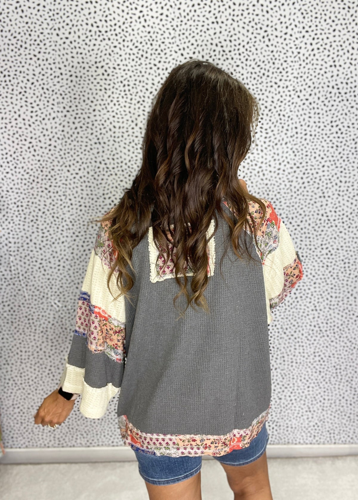 POL Patchwork Peace Times Top In Charcoal *Final Sale*