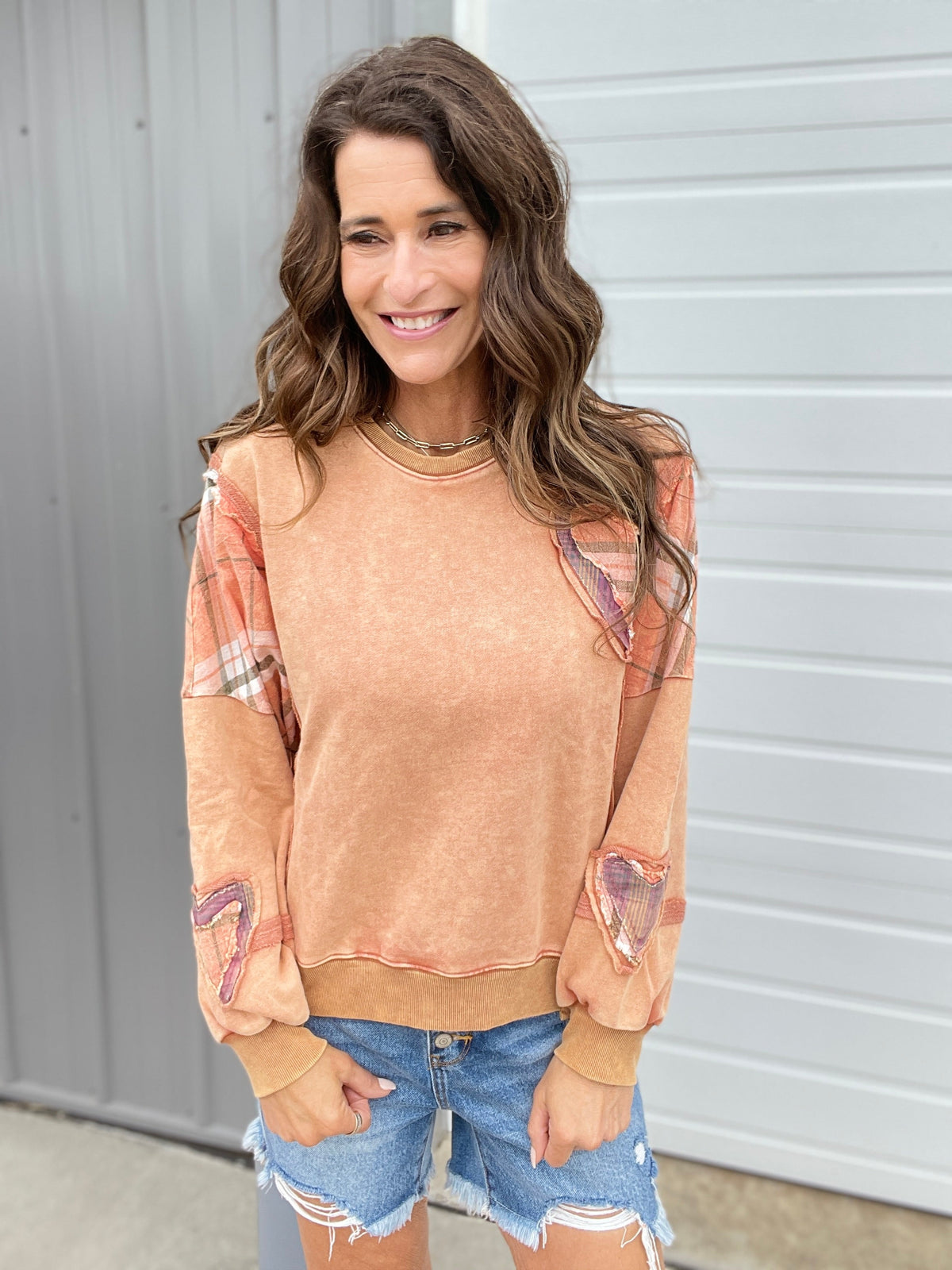 All My Heart Patch Mineral Washed Pullover In 2 Colors: Golden, Pumpkin