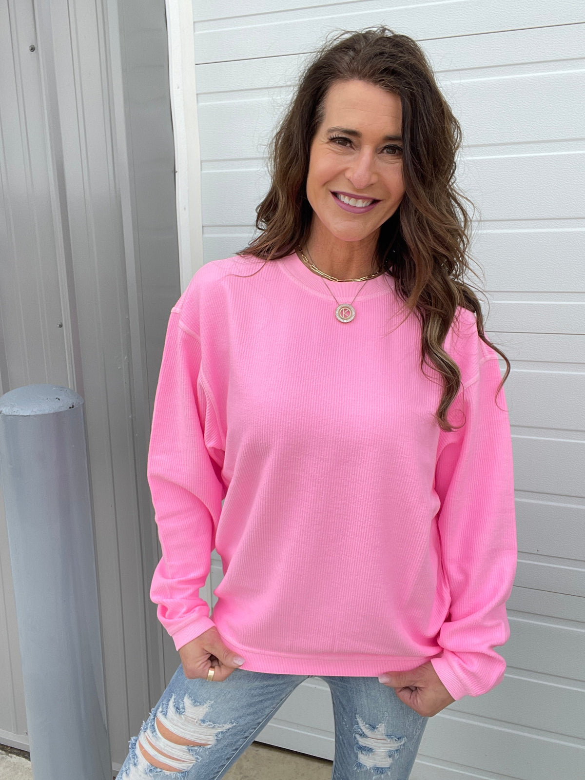 Neon Snow Washed Corded Crewneck in Neon Coral, Yellow, Pink, Lime