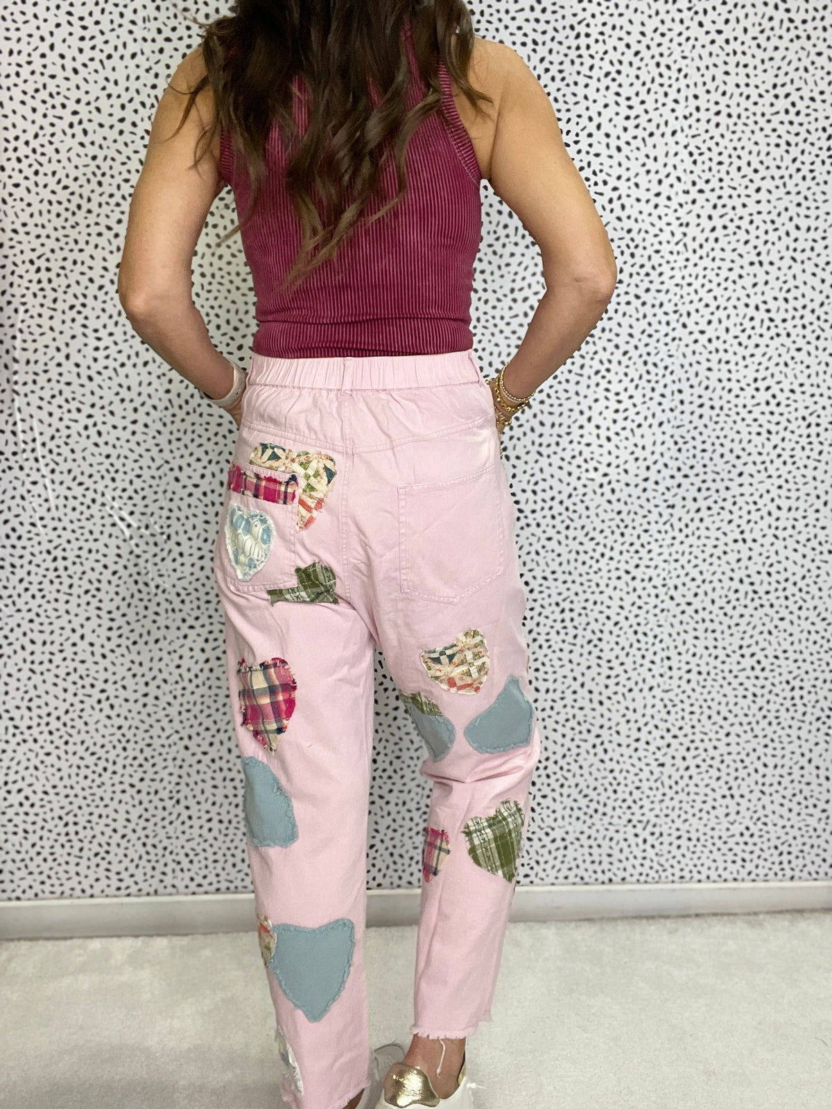 Multi Hearts Patch Work Pants In 2 Colors