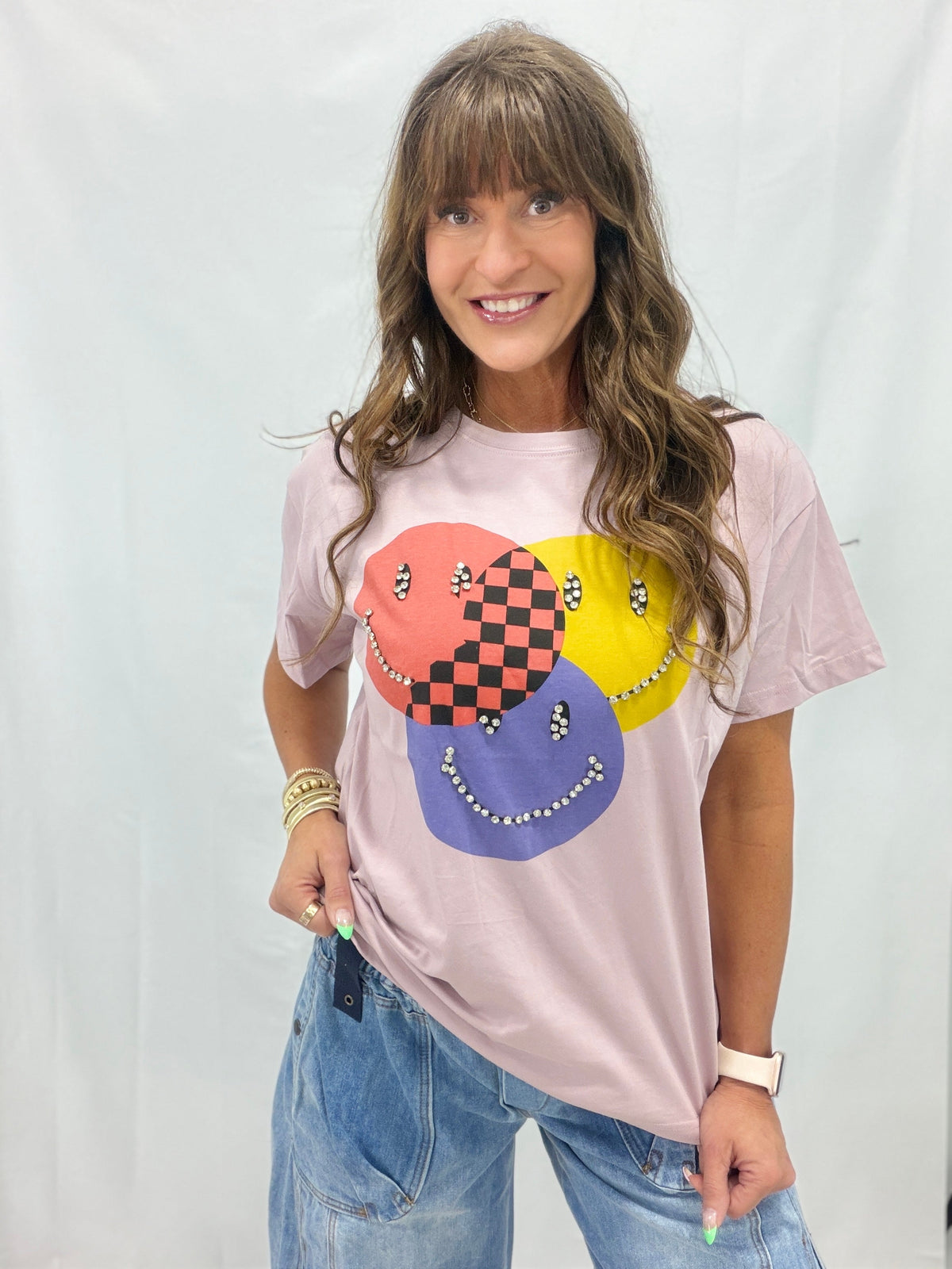 Meet Me Halfway Besazzled Smiley Face Top In Mauve