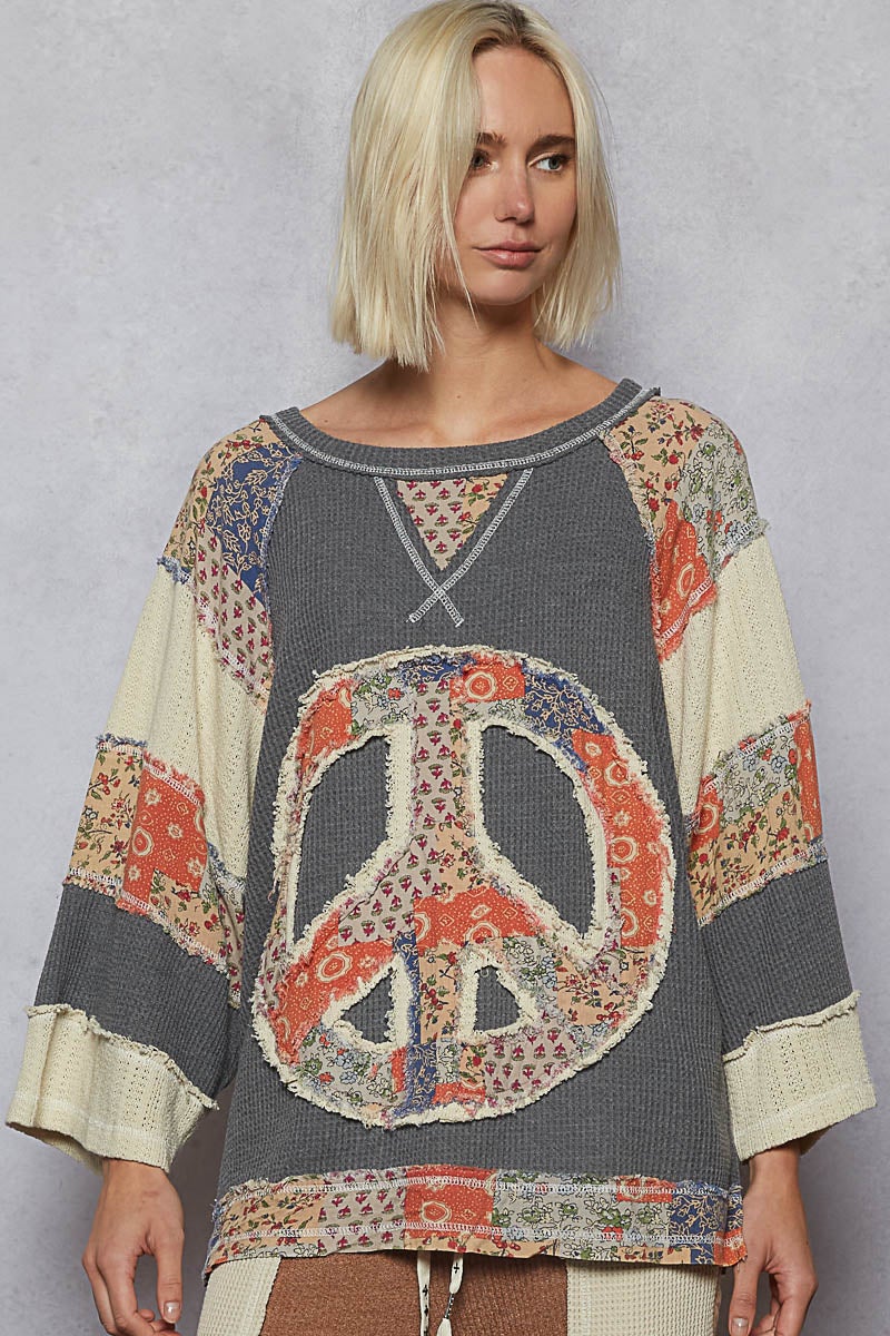 POL Patchwork Peace Times Top In Charcoal *Final Sale*
