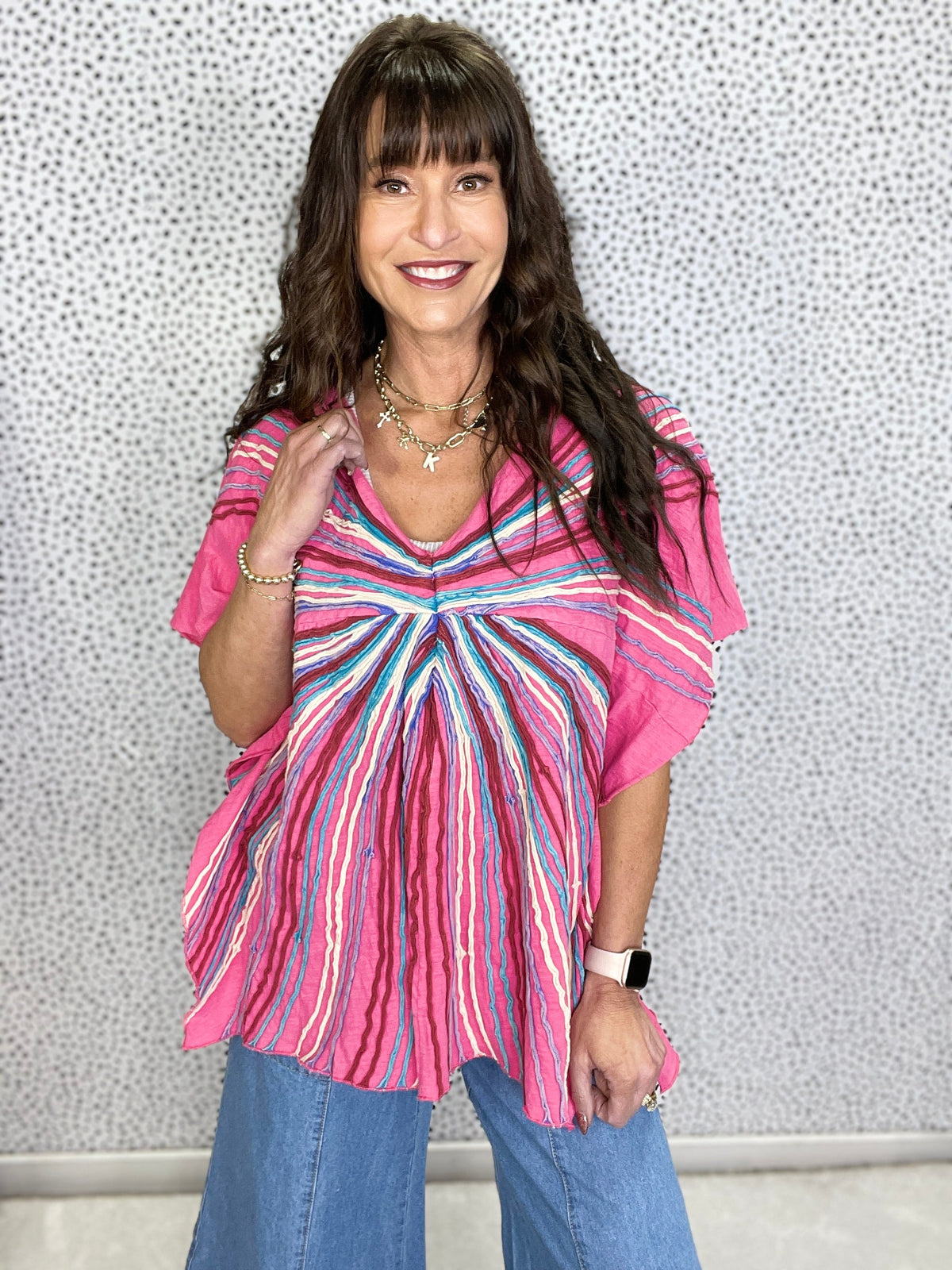 Oli & Hali Striped Serenity Oversized V-Neck Top In Pink *Final Sale*