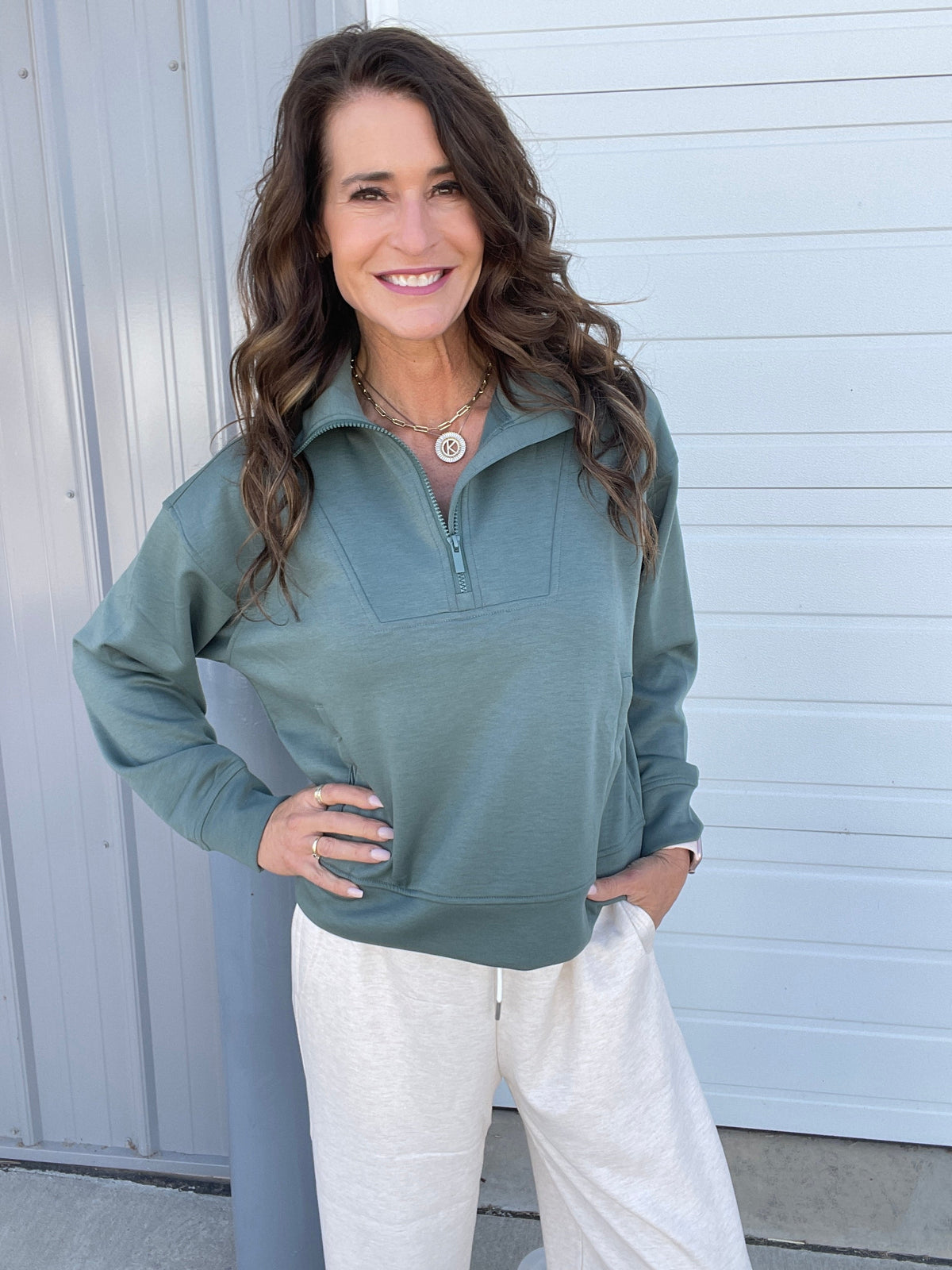 Clearing The Air Scuba Half Zip Pullover In 3 Colors: Beige, Green, Blue Grey *Final Sale*