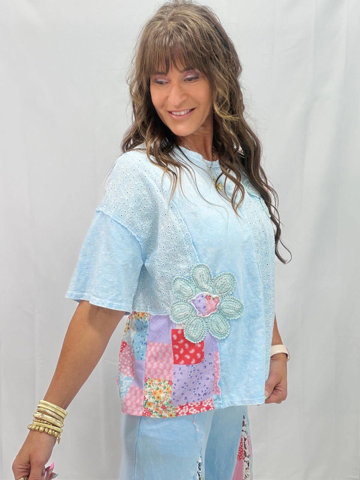 Flowerchild Mineral Washed Patchwork Eyelet Blouse In 4 Colors