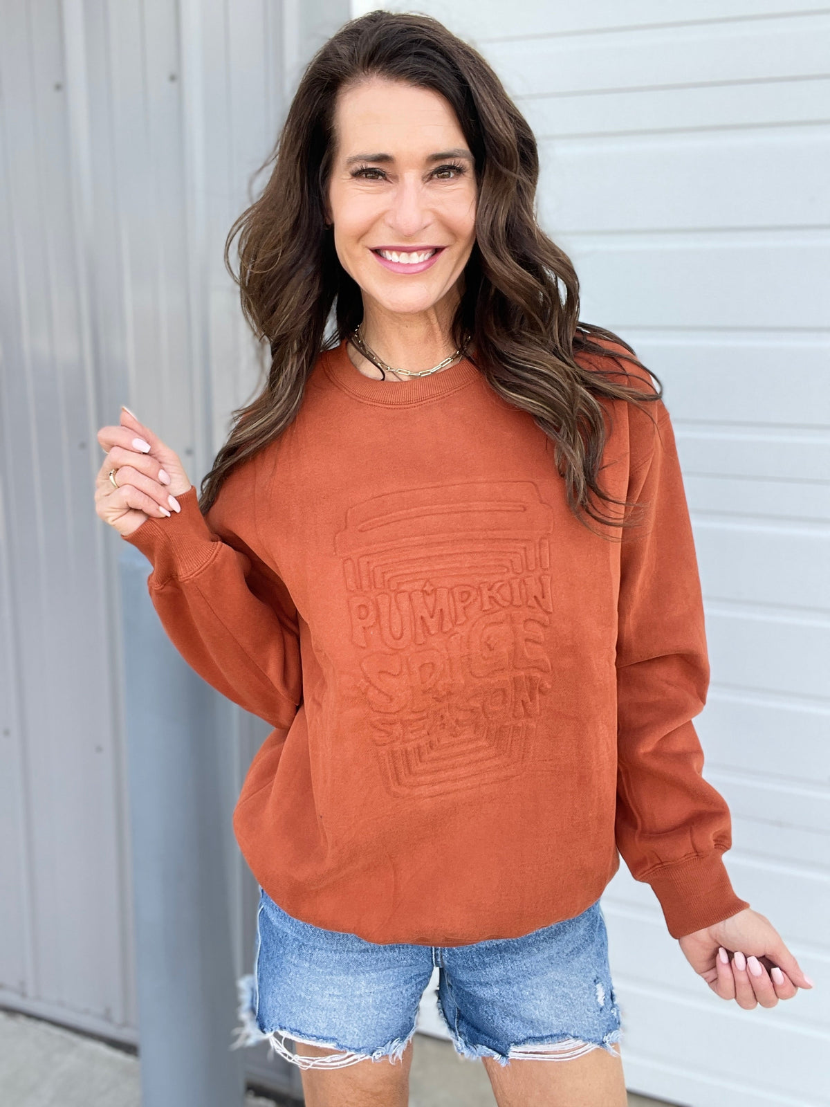 Corn Maze Pumpkin Spice Latte Embossed Crewneck Sweatshirt *Final Sale*