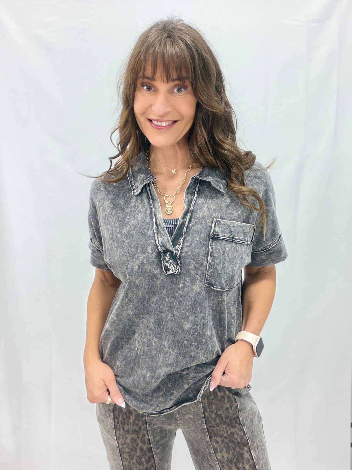Stonewash Relaxed Collared Pocket Top in 4 Colors