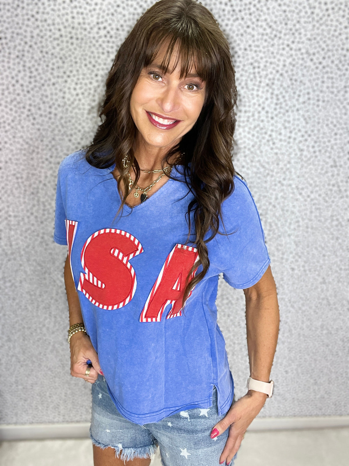 Gracie P Sky Blue USA Patch Mineral Wash Notch V Neck Vintage Graphic T Shirt