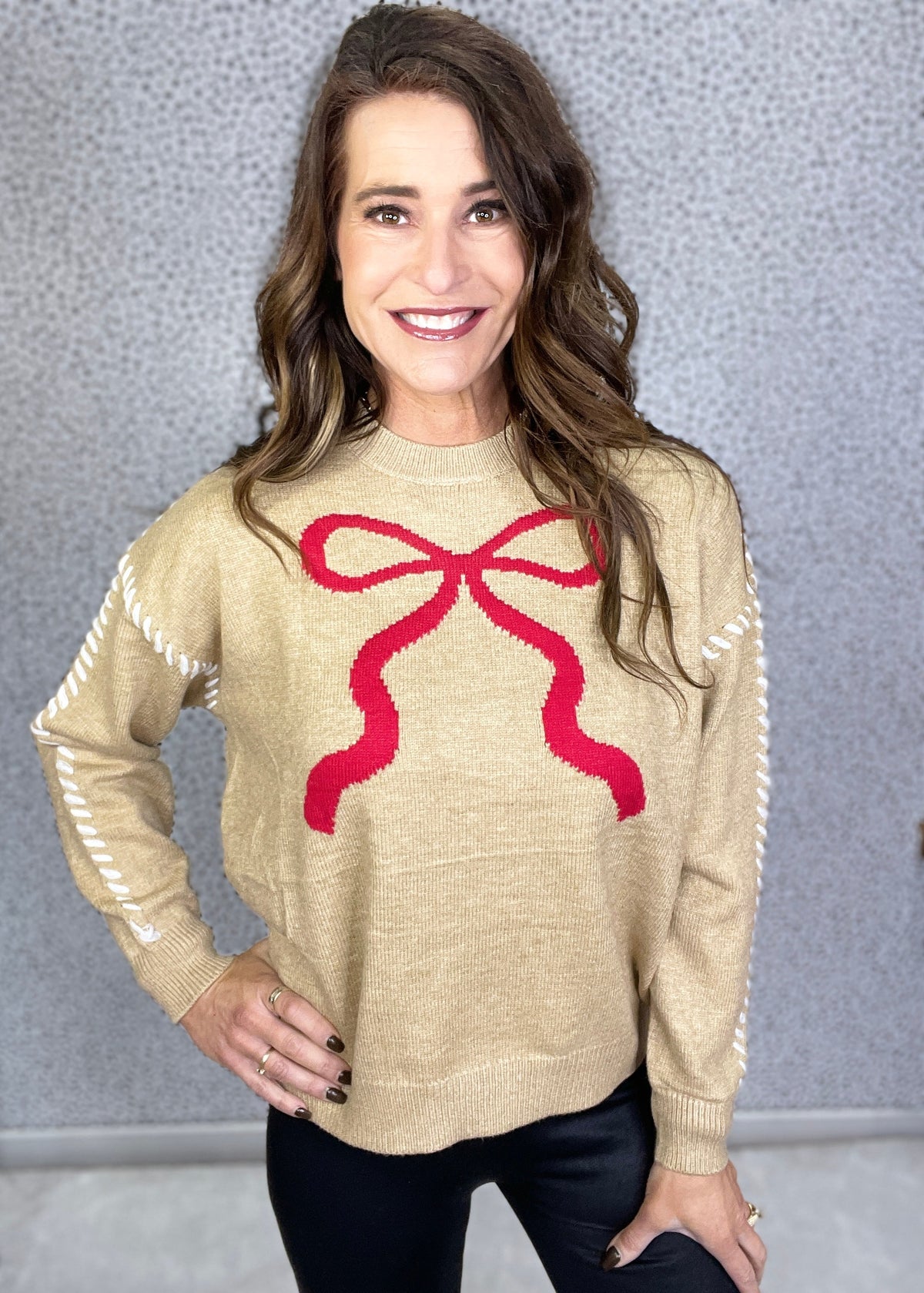 Sweet Time Ribbon And Stitching Detail Sweater In Taupe *Final Sale*