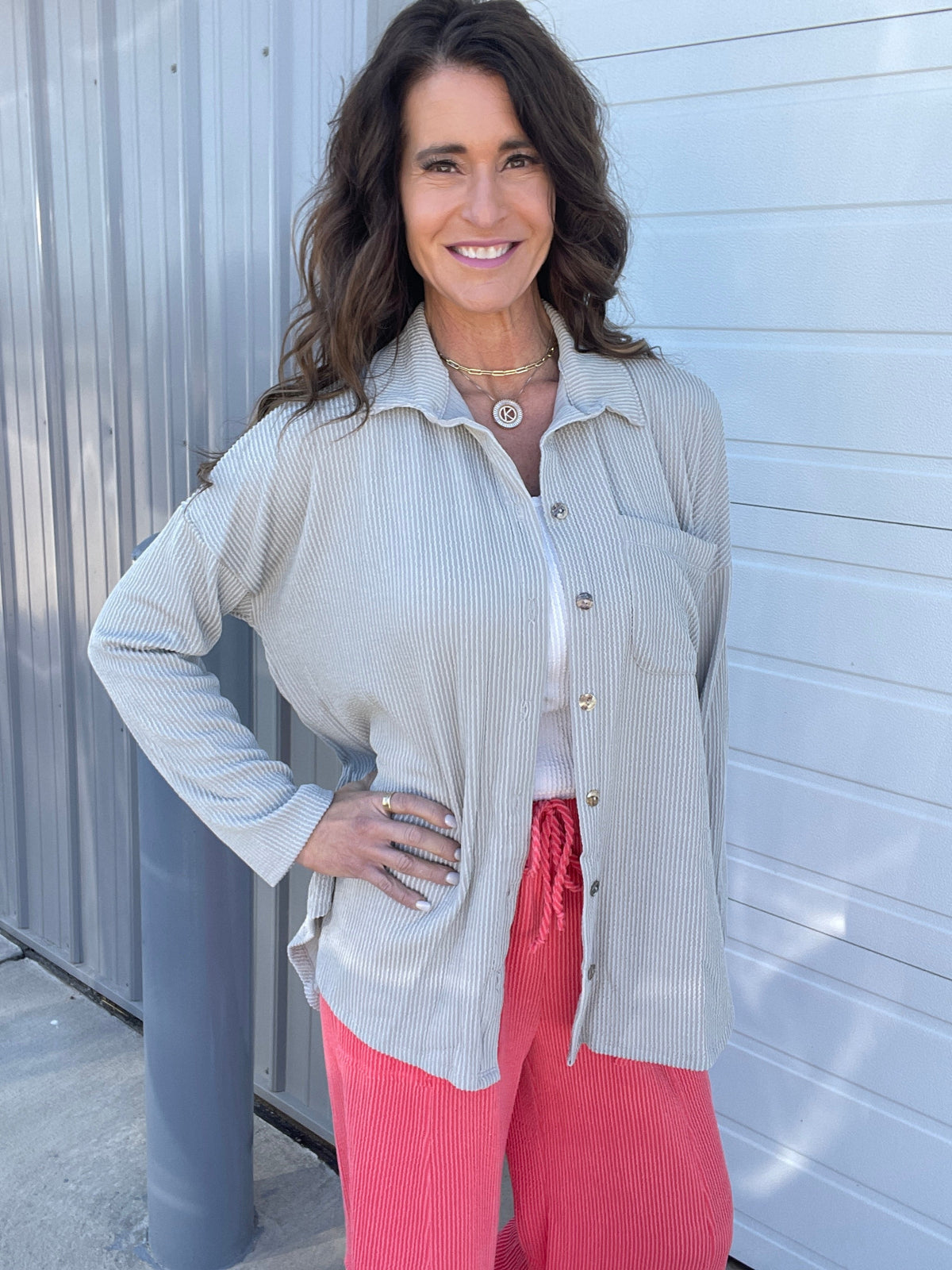 Blossom And Blooming Ribbed Button Down Long Sleeve Easy Fit Shirt In 2 Colors *Final Sale*