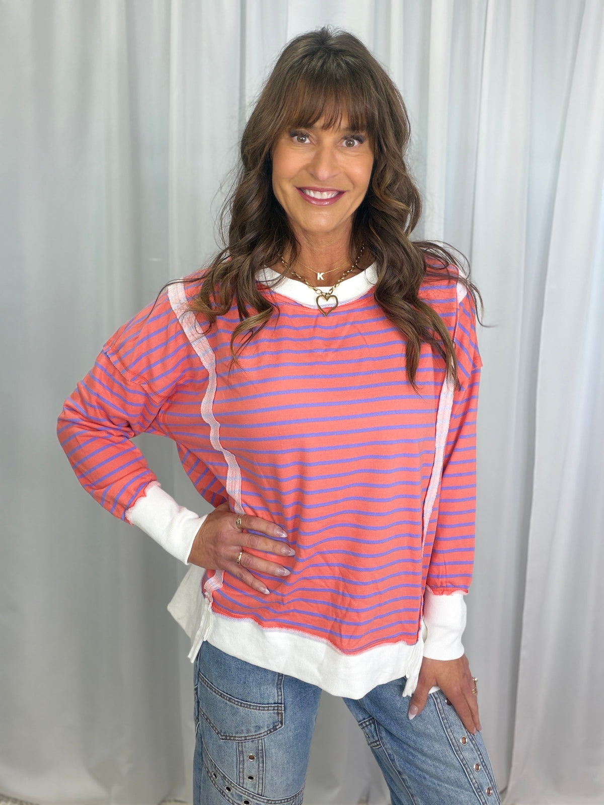 Take It On Long Sleeve Striped Knit Top In Coral *Final Sale*