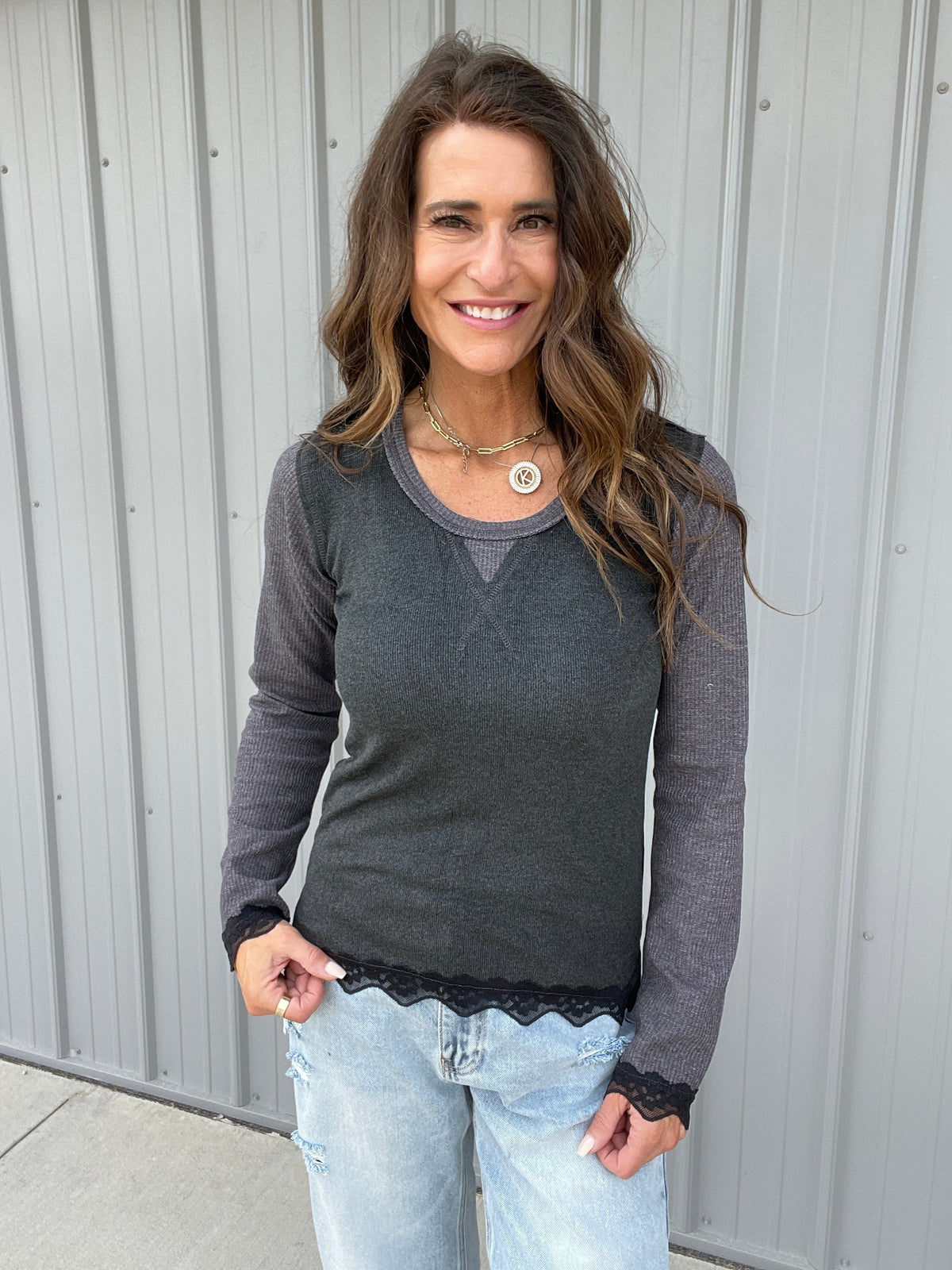 POL Effortless Style Lace Thermal Top In 4 Colors: Charcoal, Mauve, Red, Cream *Final Sale*