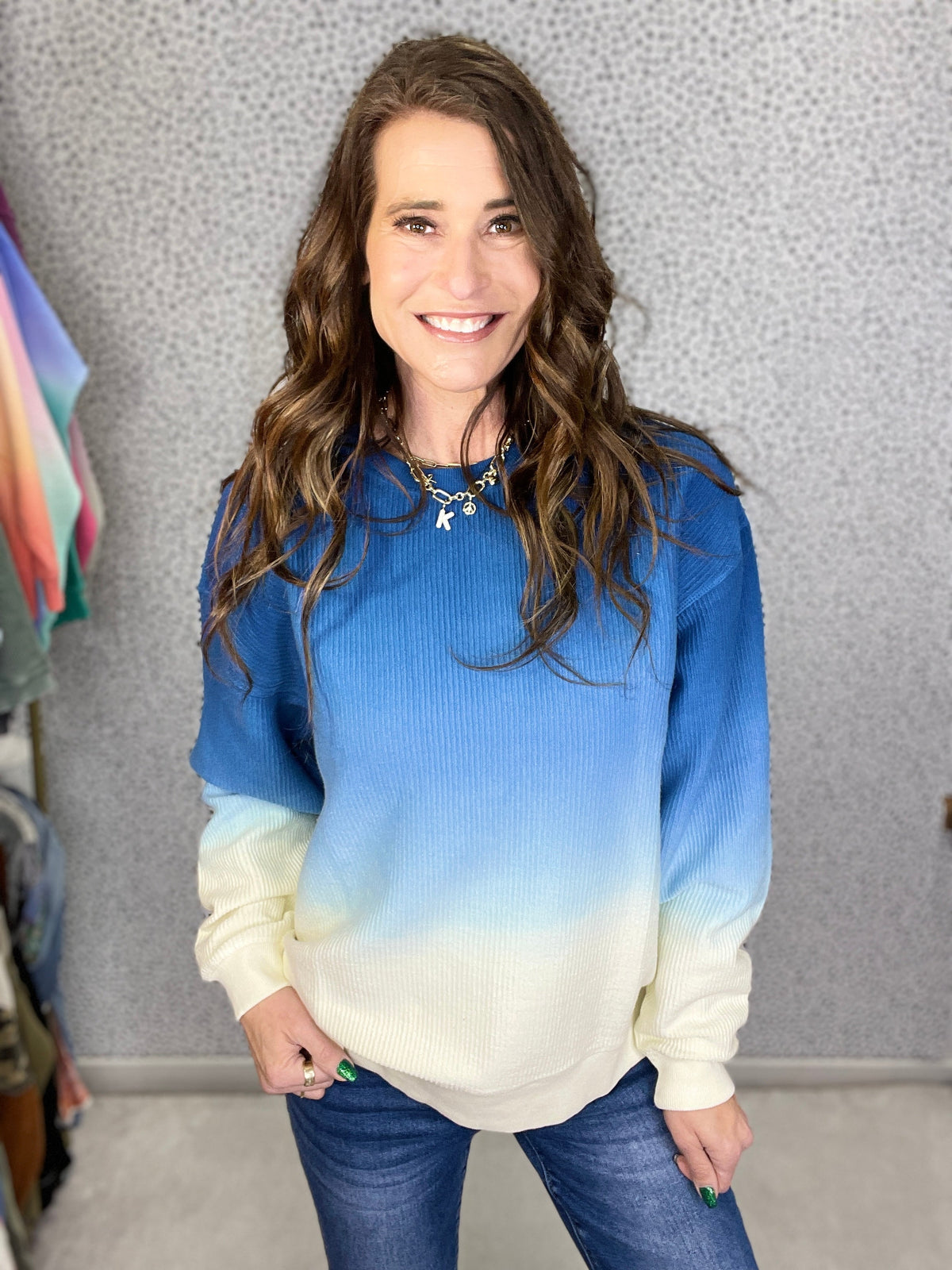 Ombre Glazier Melt Snow Washed Corded Crewneck Pullover Sweatshirt