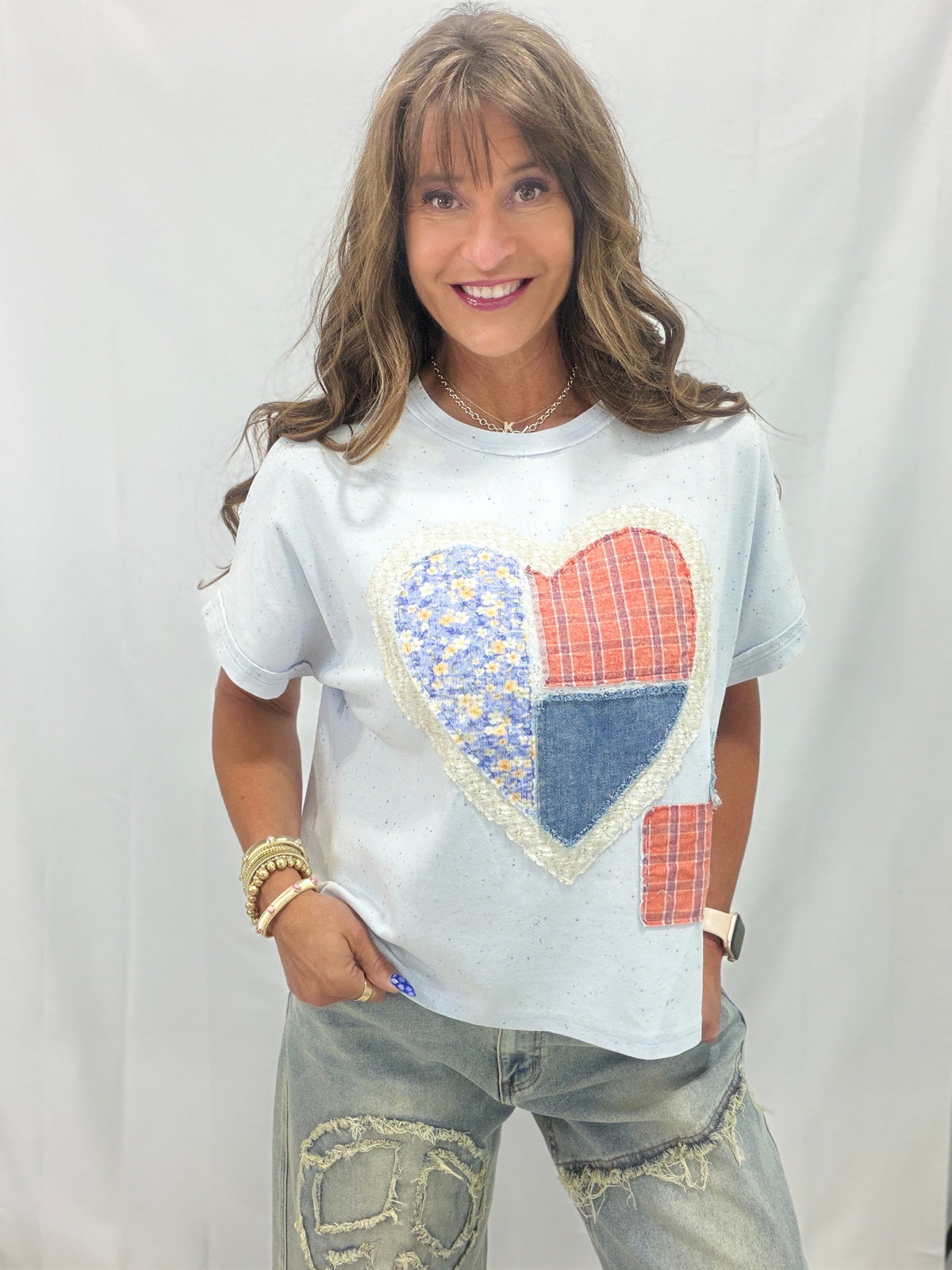 Shelter My Love Quilted Heart Vintage Top In Sky Blue