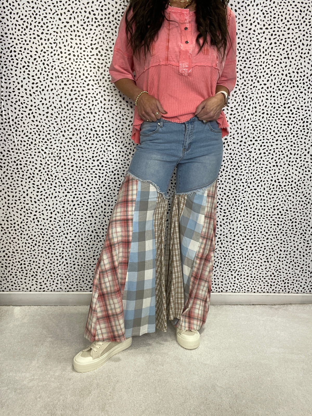 Matching My Giddy Up Plaid Mix Pants In Denim *Final Sale*