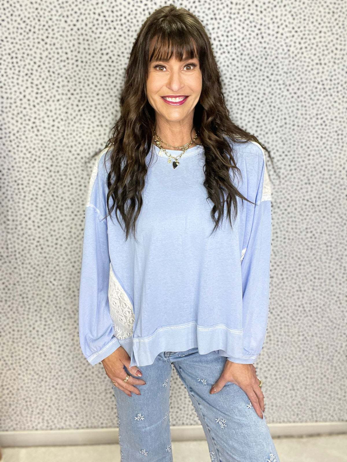 POL Out On The Tracks Lace Patch Long Sleeve Top In Blue