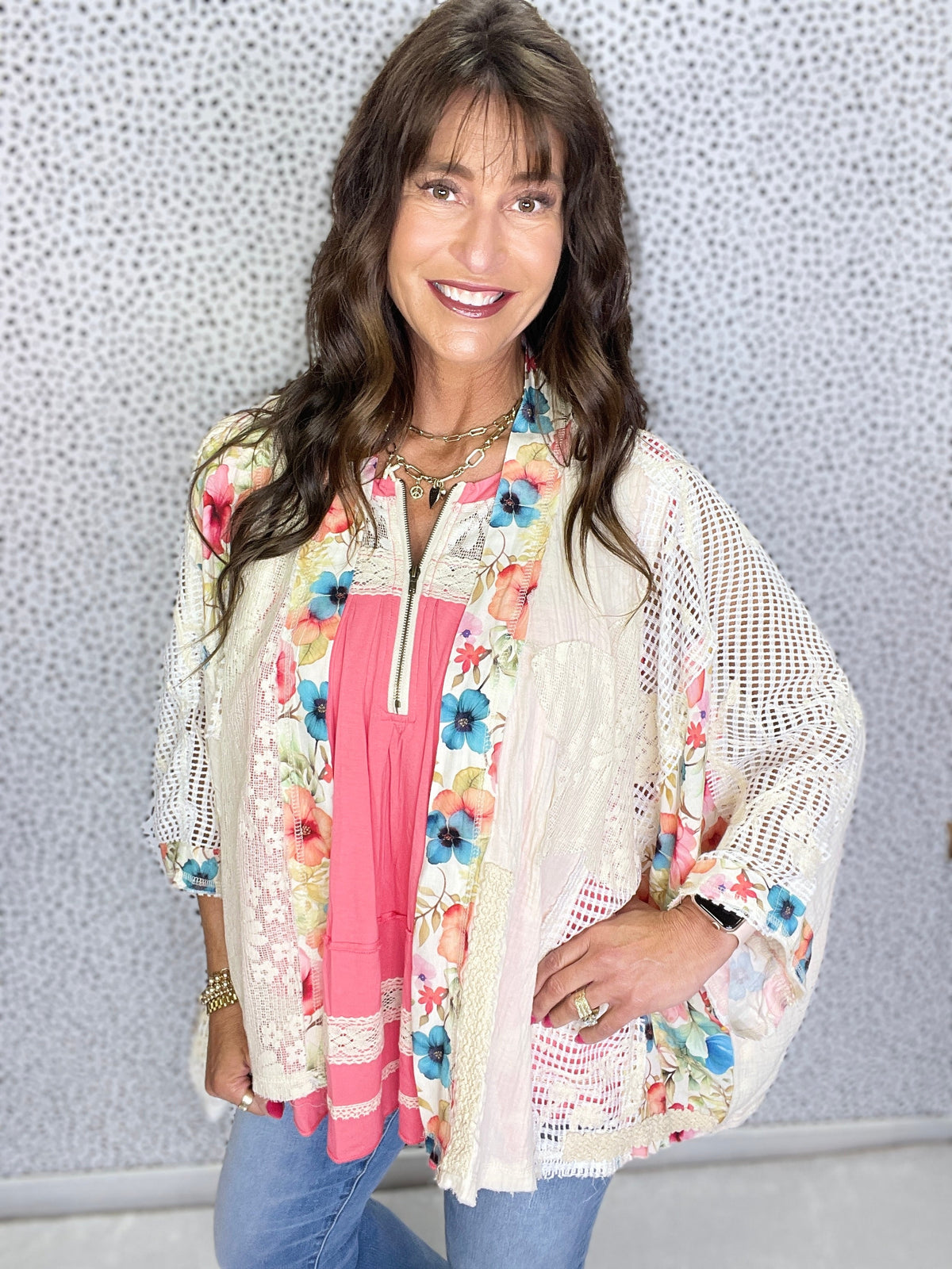 POL Dynamic Flare Open Floral Pattern Cardigan In Natural