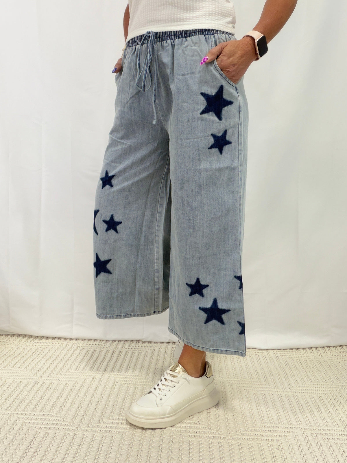 Chase My Dreams Starry Wide Leg Pants In Light Denim