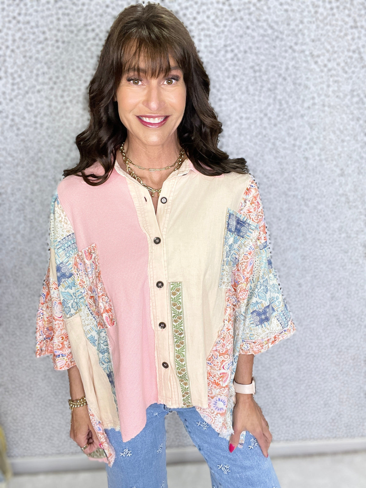 City Lights Multi Fabric Raw Edge Shirt In 2 Colors