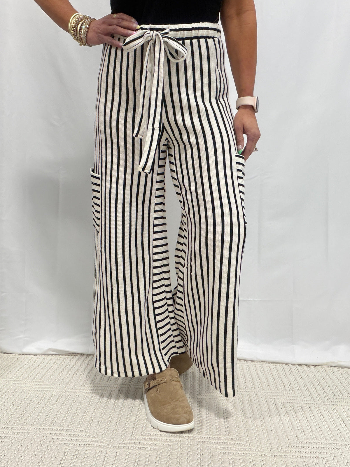 It'll Steal Your Breath Wide Leg Pants In White/Black Stripe