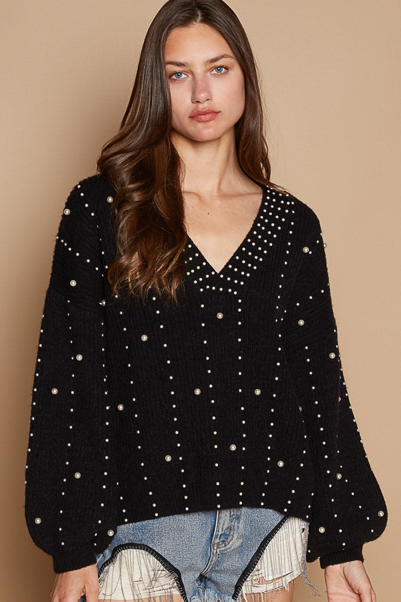 POL Sleek And Shimmer V-Neck Long Sleeve Sweater Top In 2 Colors *Final Sale*