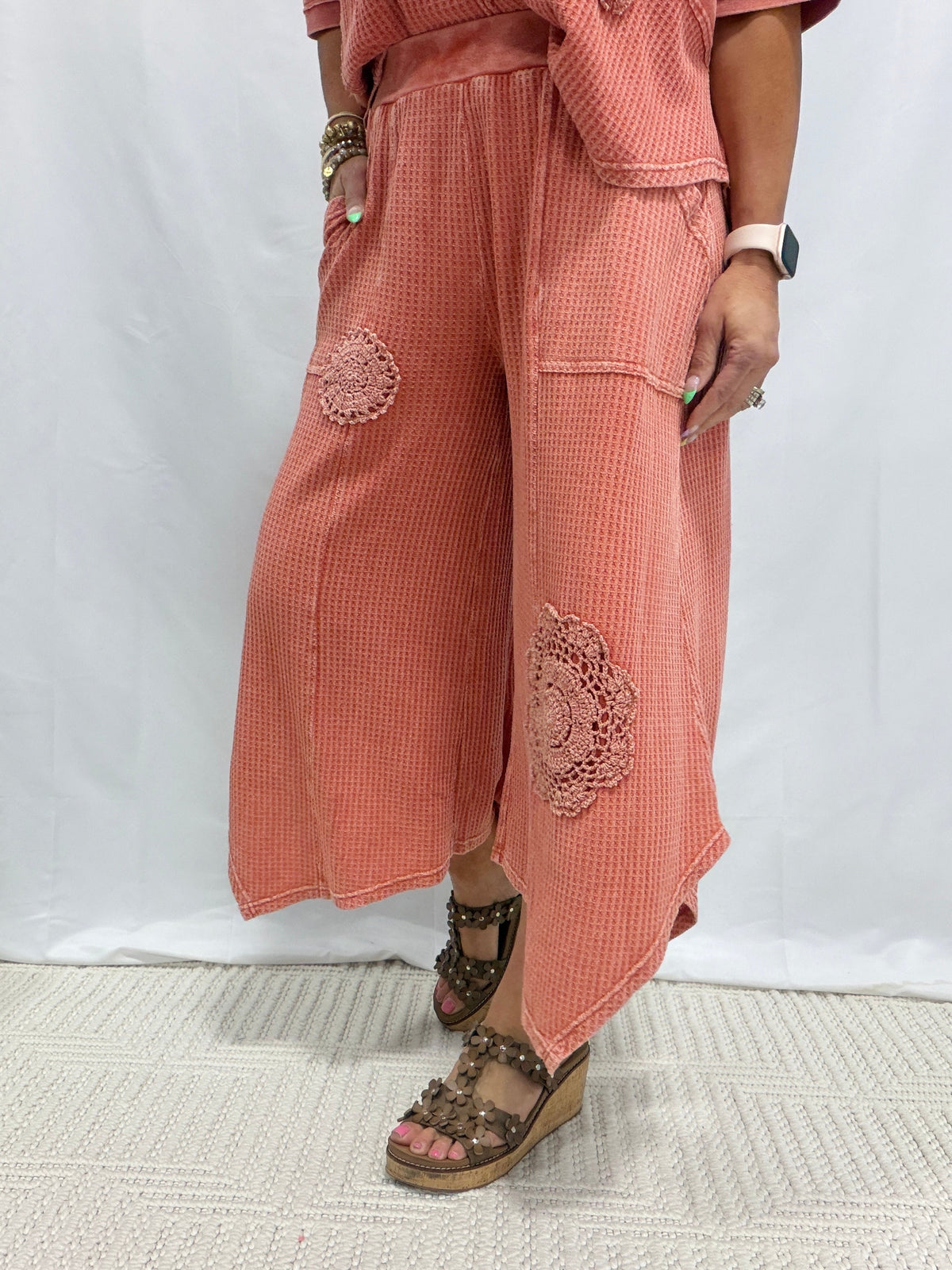 Sea Glass Crochet Patch Wide-Leg Pants in 3 Colors
