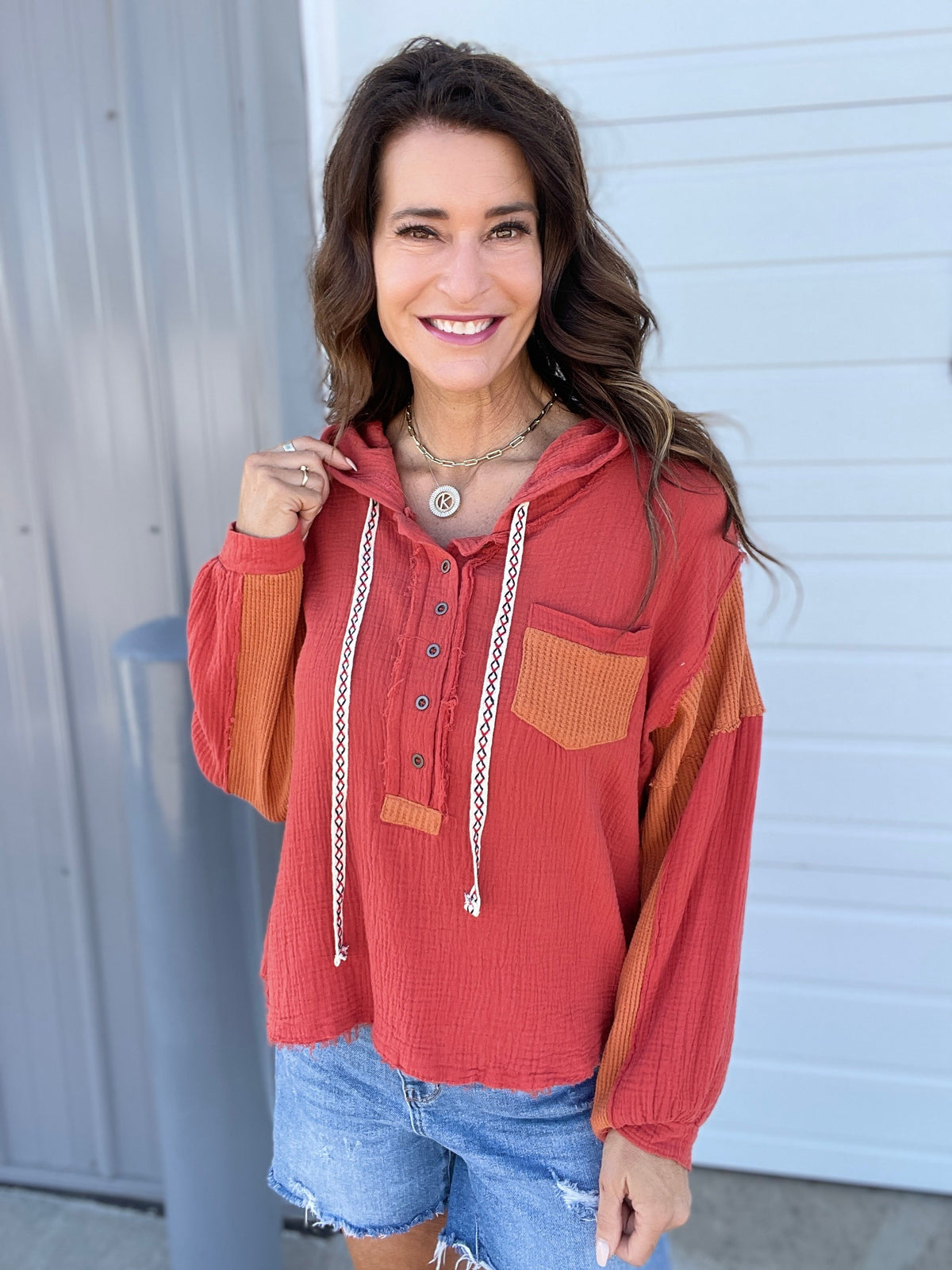 Pol Twenty Questions Woven Hoodie Top In Sunset *Final Sale*