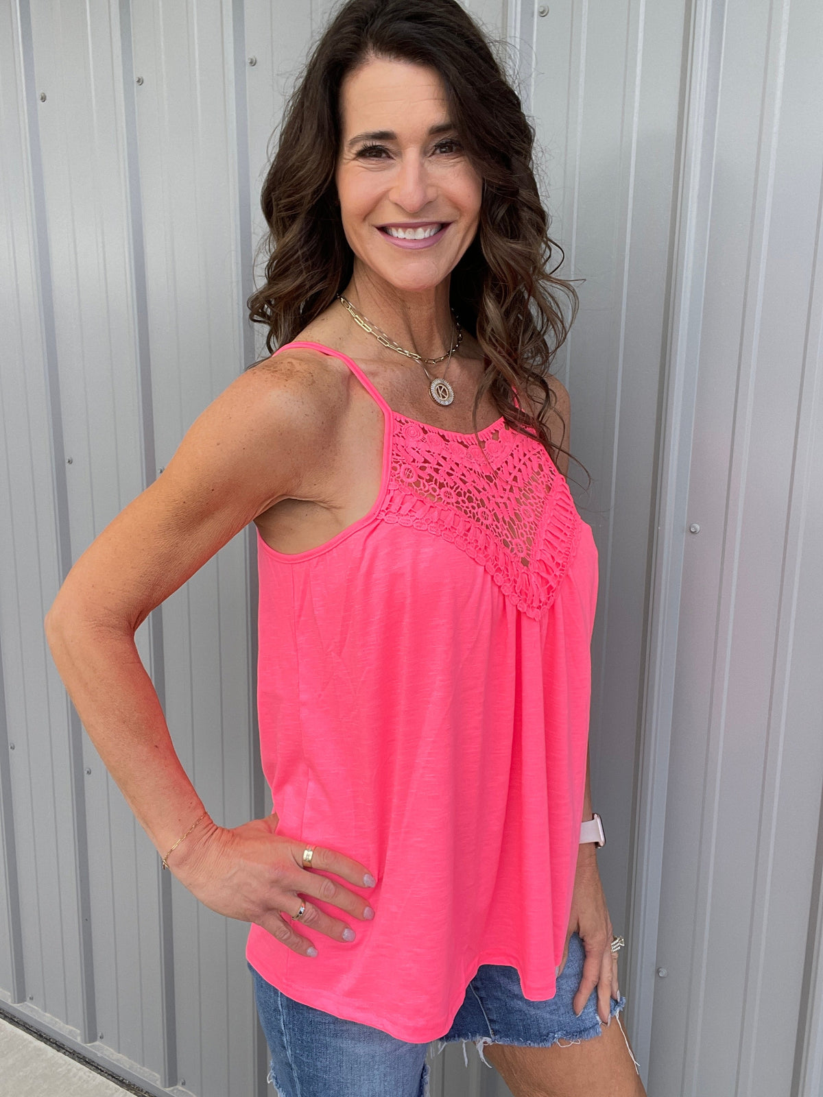 Summer Escape Lace Front Adjustable Strap Tank Top In 4 Colors: Coral Pink, Oatmeal, Violet