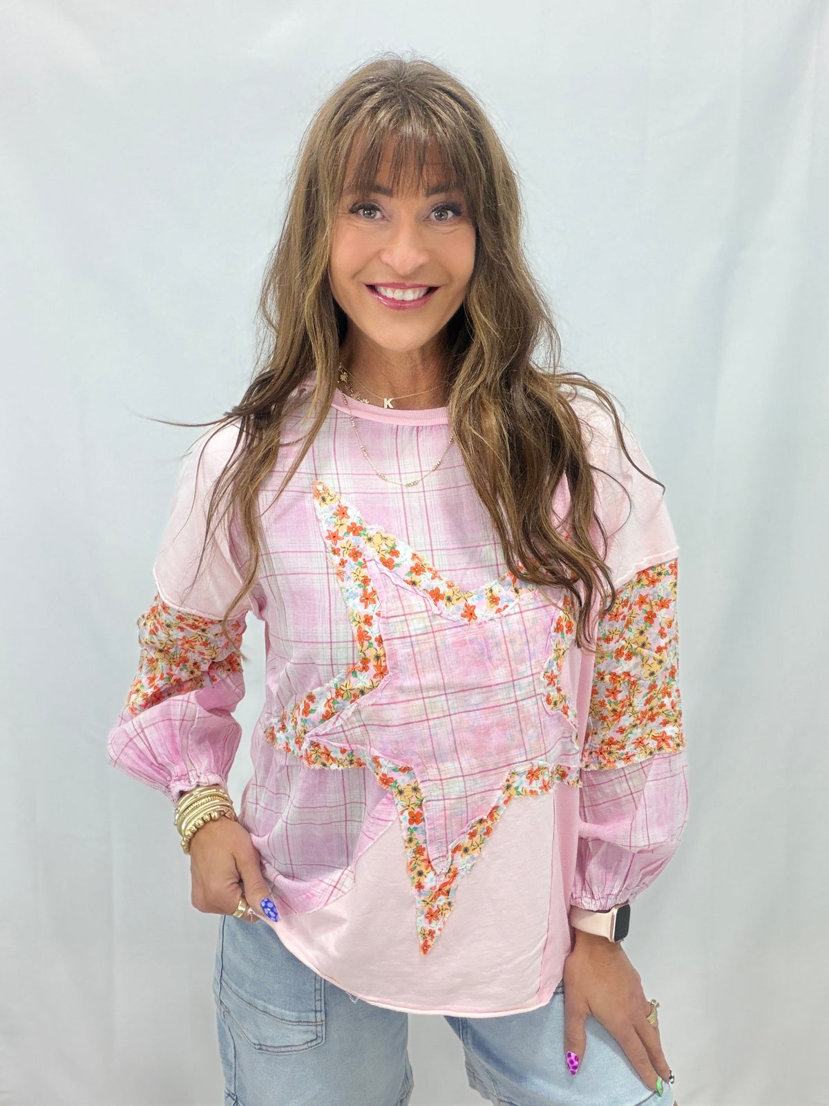 The Happy Way Star Patch Top In Pink