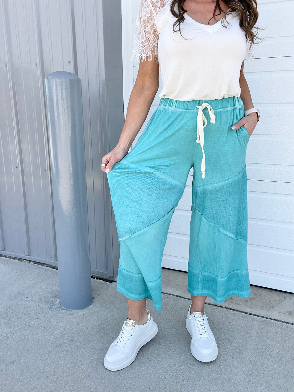 Pol Play Date Loose Wide Leg Cropped Pants In 7 Colors: Aqua, Lilac, Grey, Pink, Beige, Black, Desert Sage *Final Sale*
