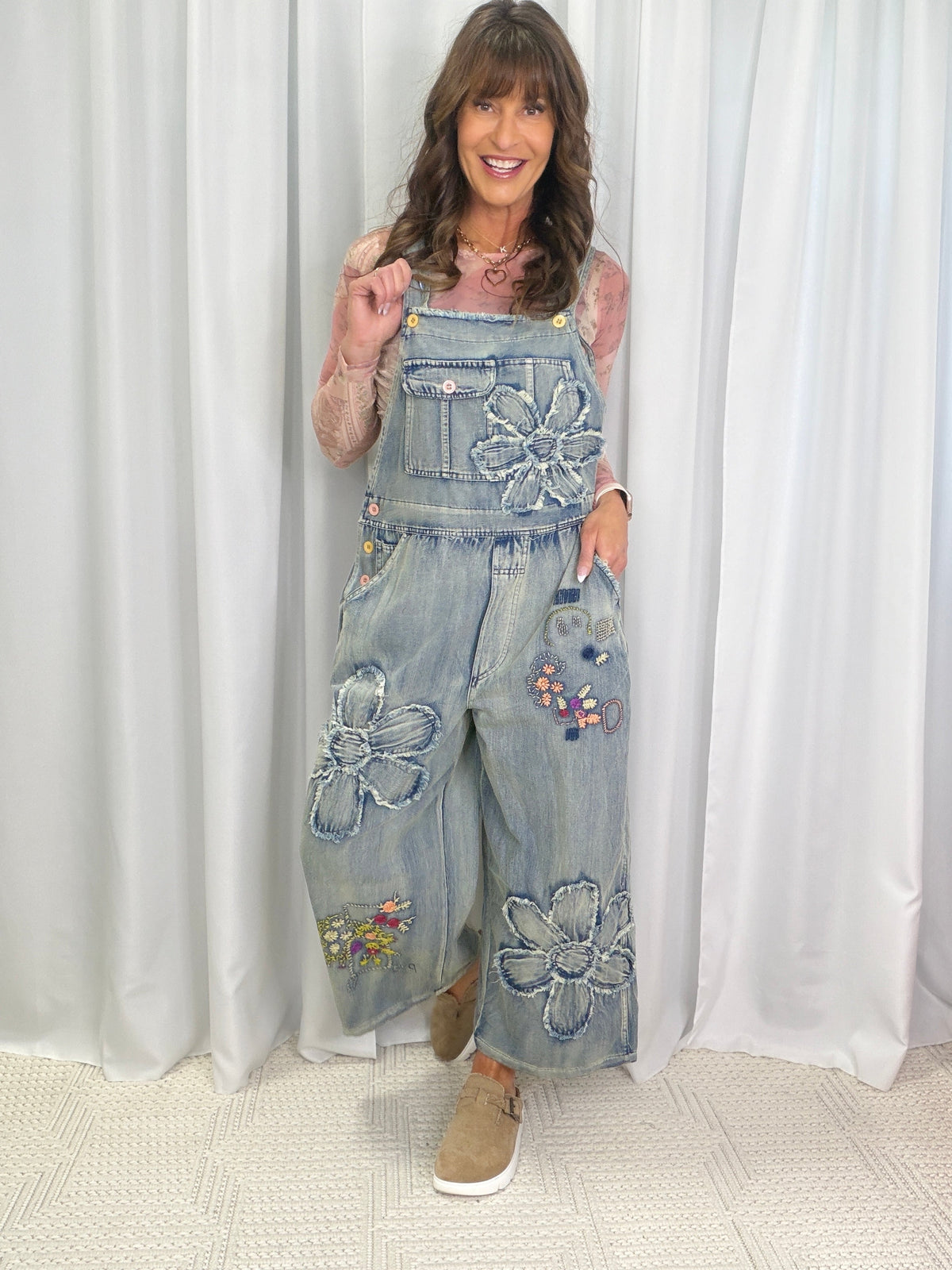 Flower Patchwork Overalls In Denim