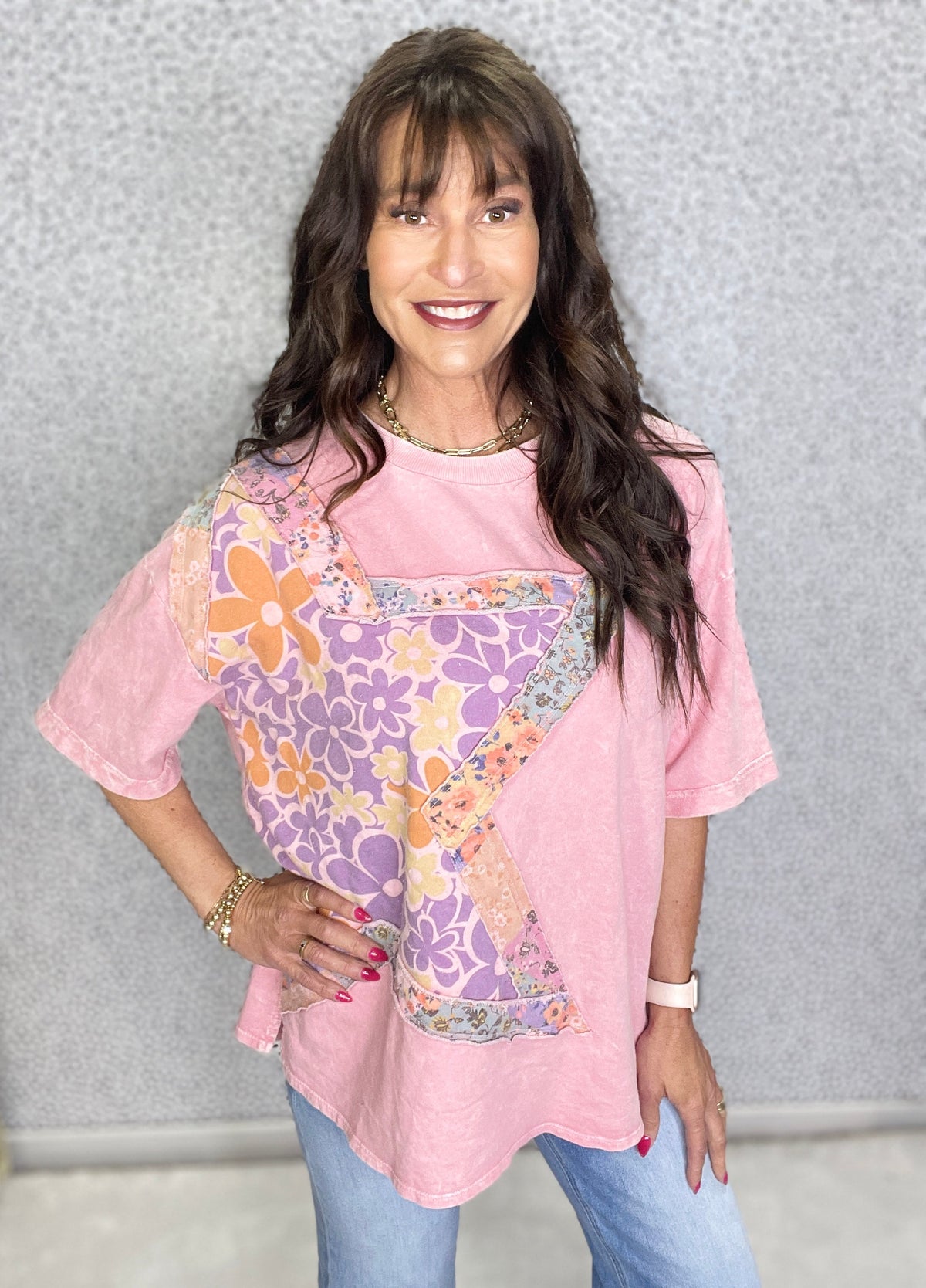 Starry Bloom Mineral Wash Star Floral Patch Tee In 4 Colors