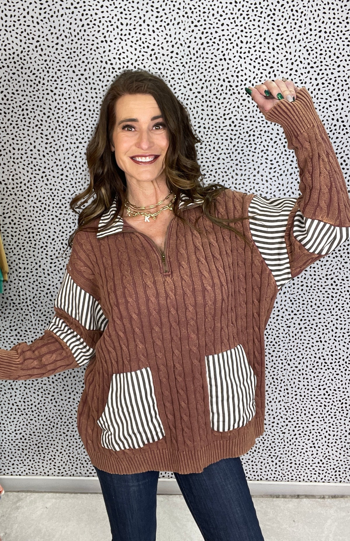 POL MVP Status Roomy Fit Long Sleeve Sweater In Brown *Final Sale*