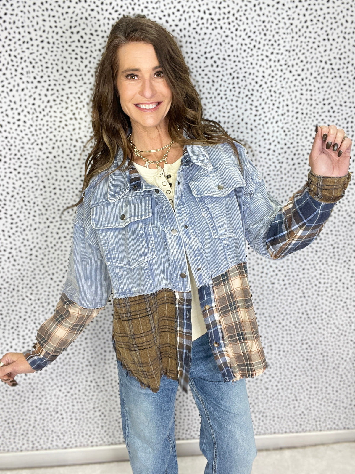 Oli & Hali Be Wild Washed Denim Plaid Color Block Jacket In 2 Colors