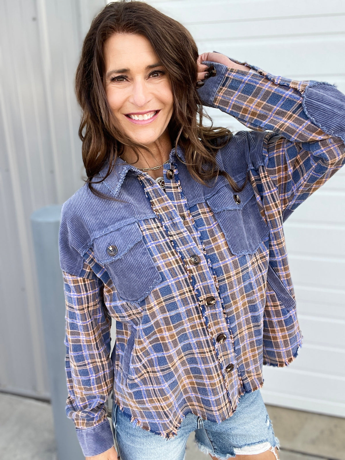 Return To Grace Plaid Mix Corduroy Shacket