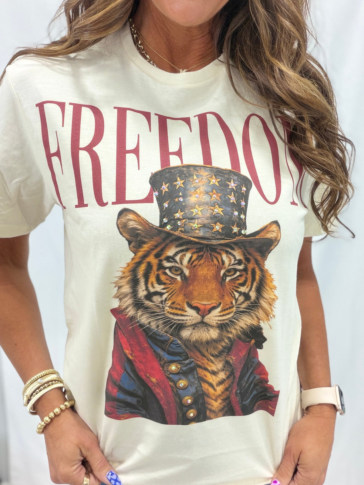 Freedom Tiger Crystal Bling Graphic Tee In Cream *Final Sale*