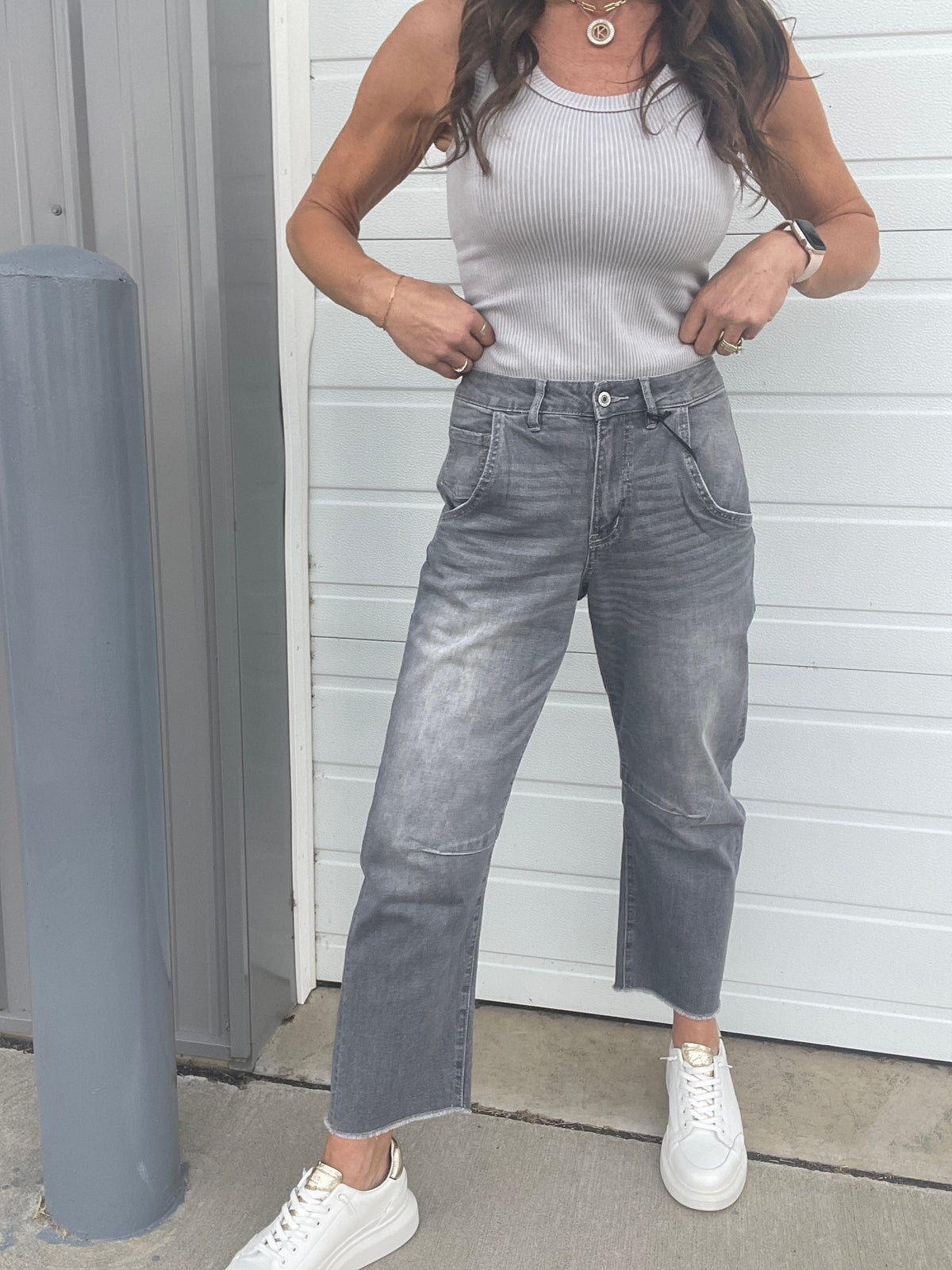Mica Bailey Super High Barrel Leg Jeans 229 In Gray *Final Sale*