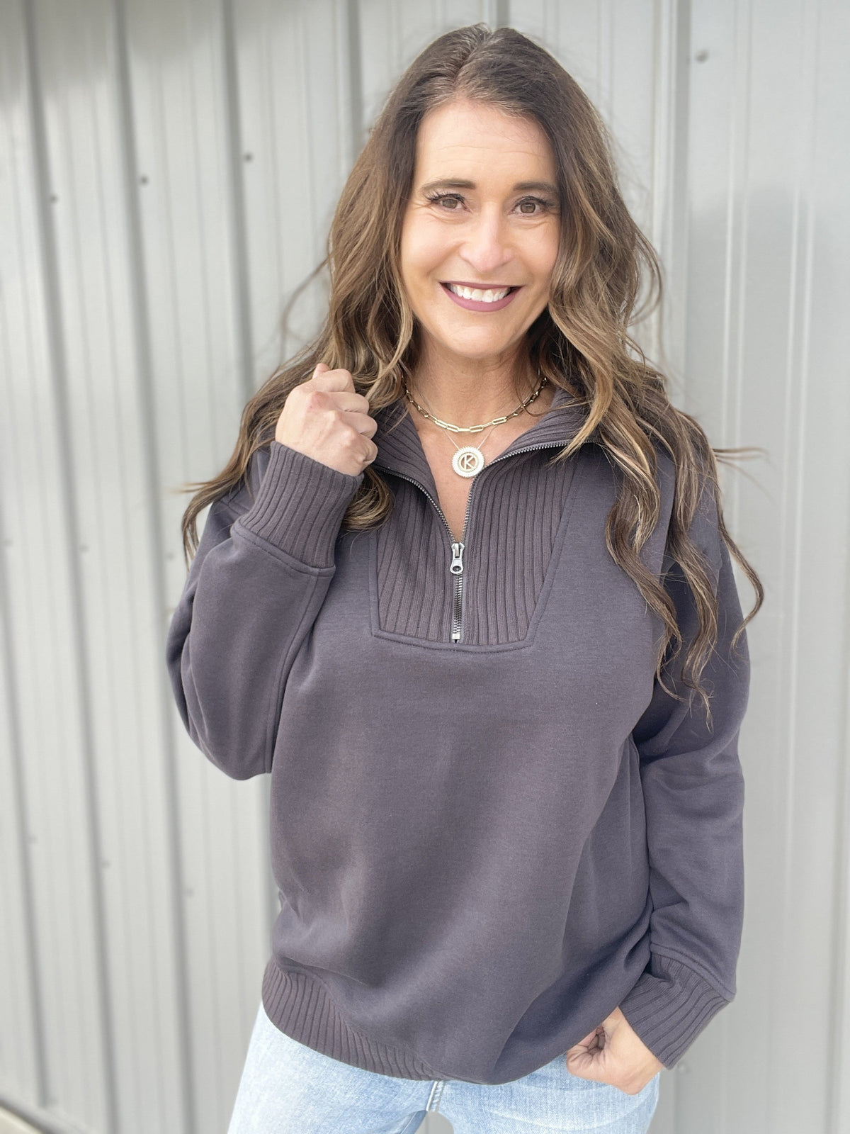 Connect With Me Ribbed Details Quarter Zip Pullover