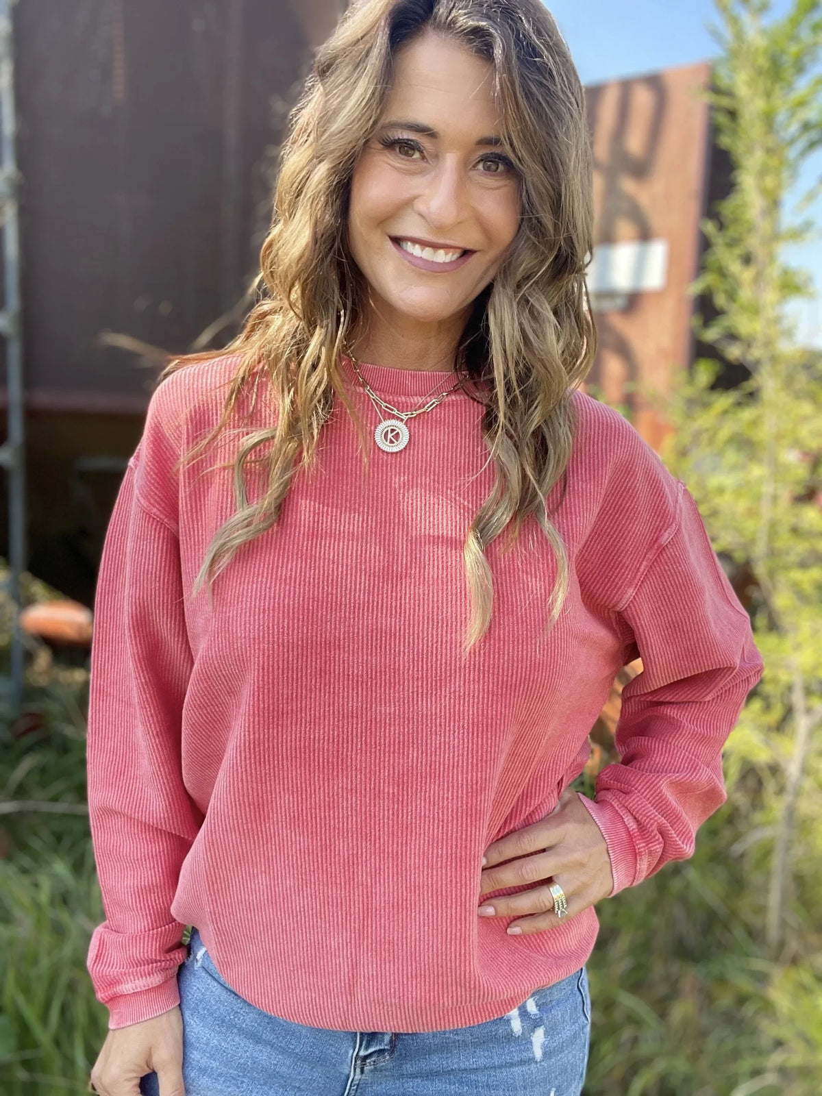 Snow Washed Essential Corded Crew Sweatshirt in Red