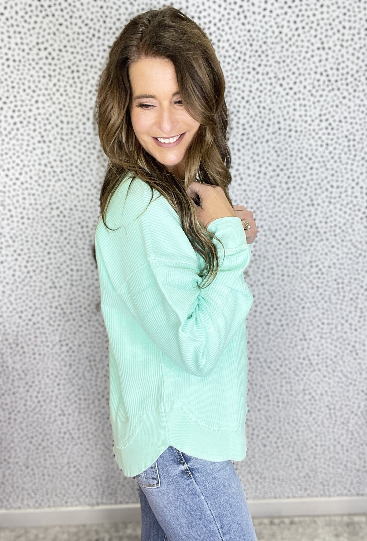 Round Bottom Hem Snow Washed Corded Crewneck In 5 Colors