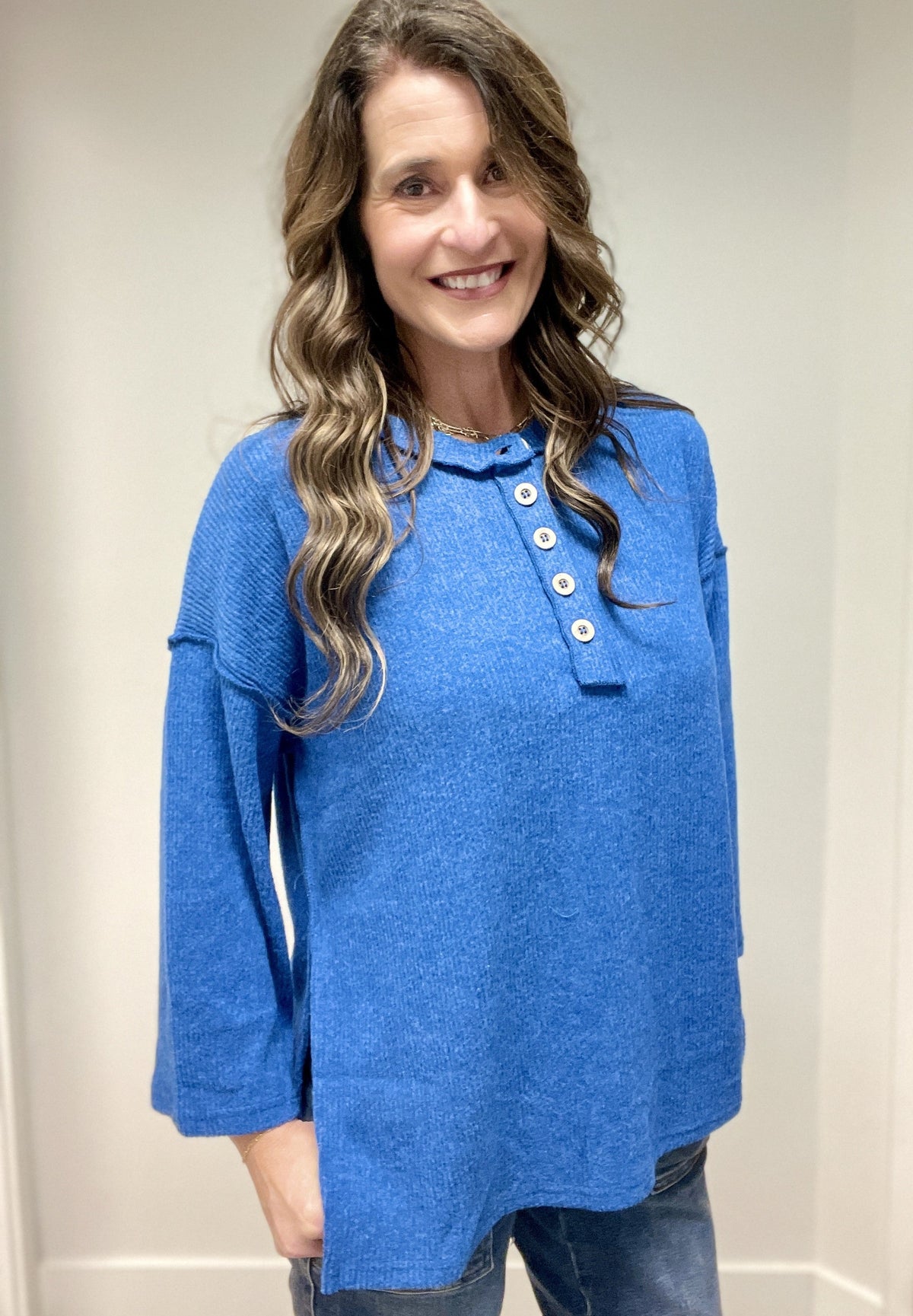 Button Me Up Brushed Ribbed Top in Royal Blue *Final Sale*