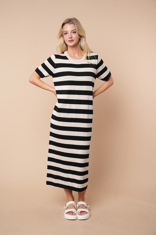 Staying For This Short Sleeve Striped Knit Dress In Sand *Final Sale*