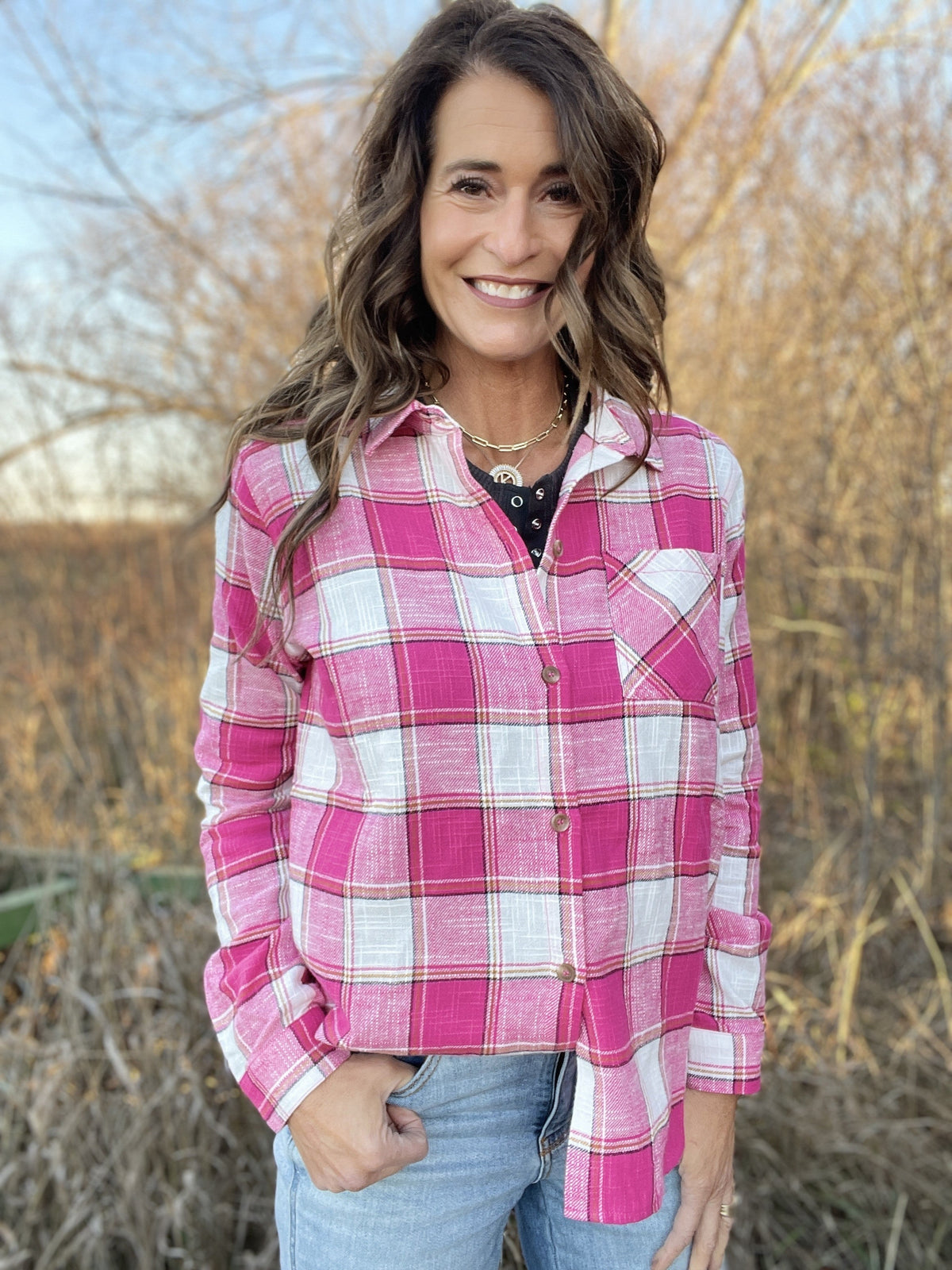 We Got You Plaid Button Up Shirt In 4 Colors: Pink, Camel, Teal, Purple *Final Sale*