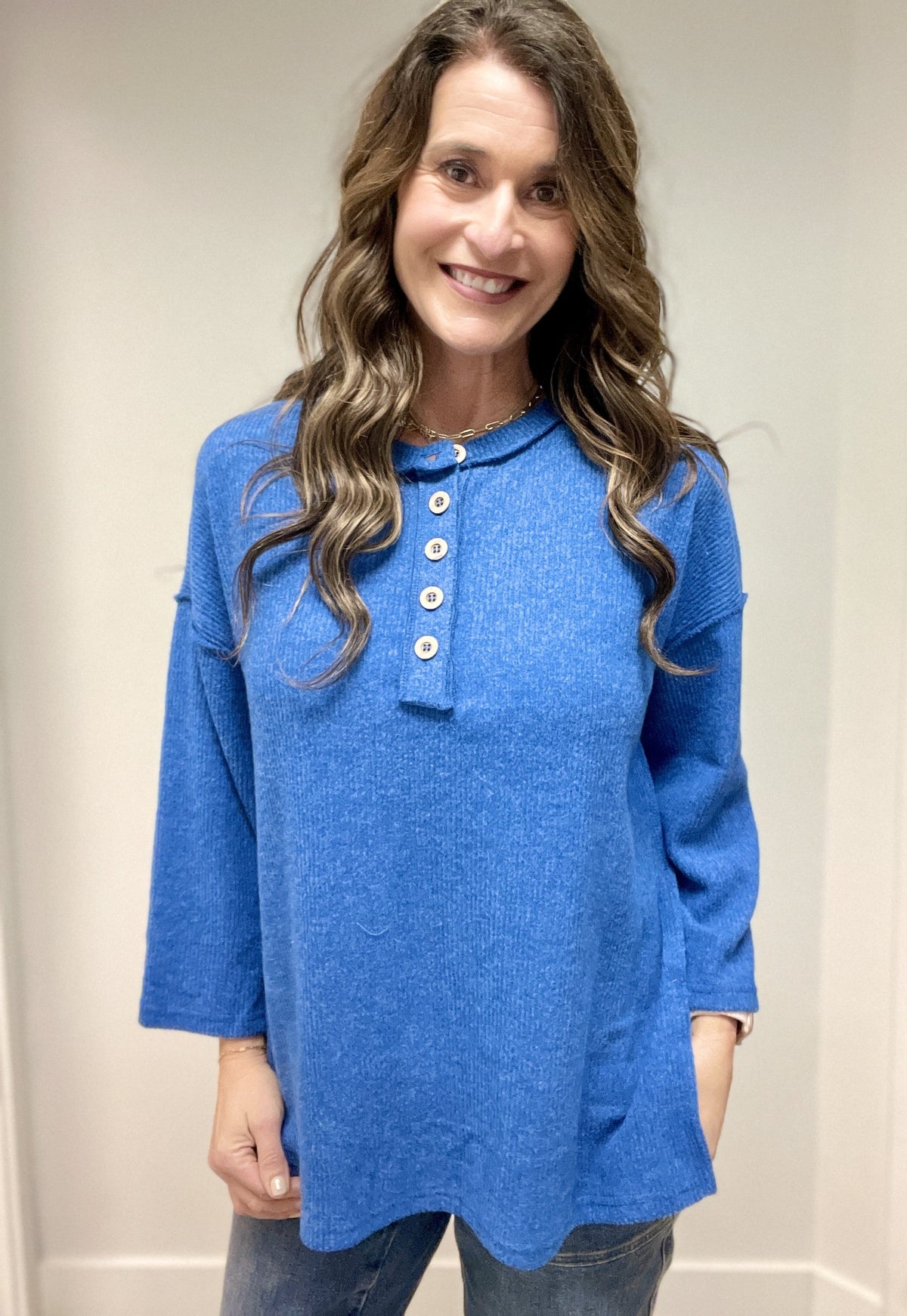 Button Me Up Brushed Ribbed Top in Royal Blue *Final Sale*