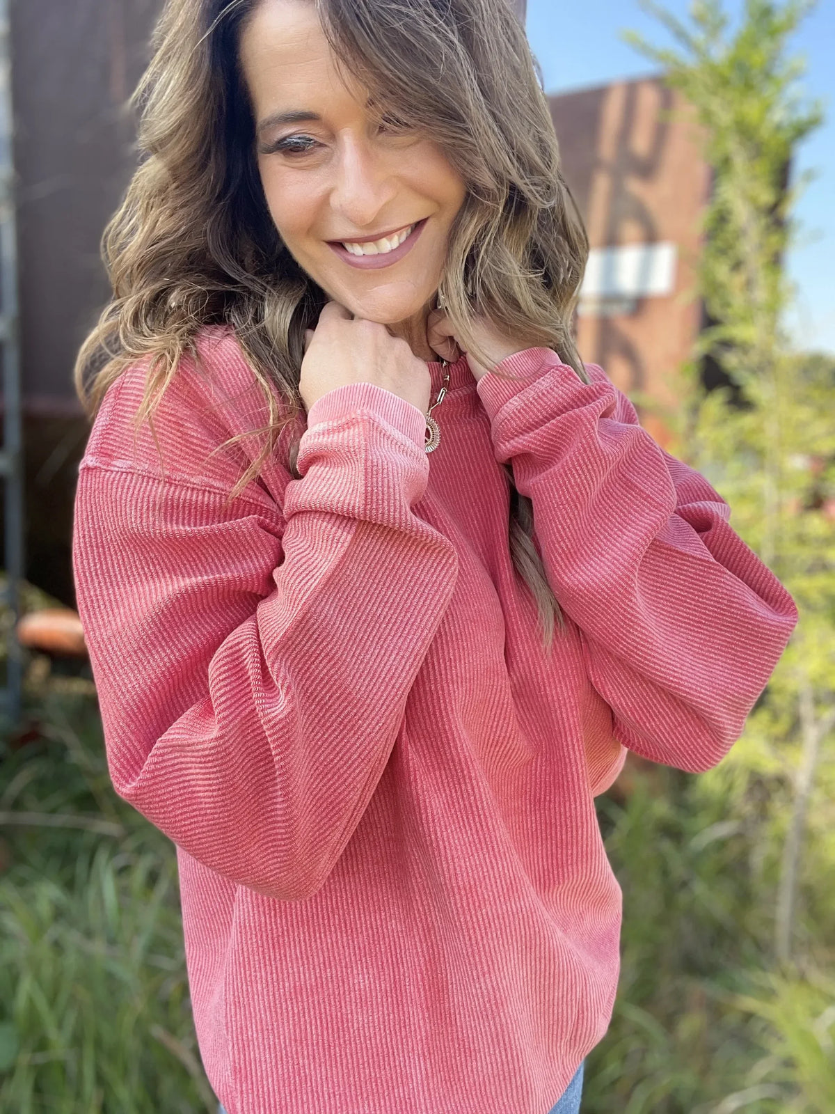 Snow Washed Essential Corded Crew Sweatshirt in Red