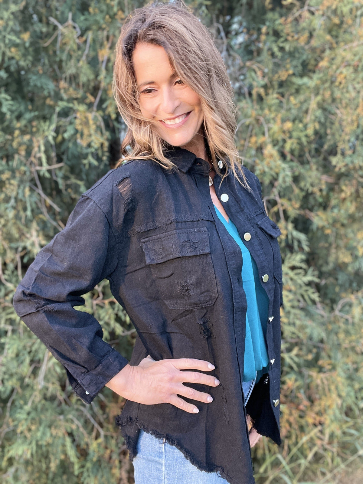 Distracted Measures Distressed Shirt Jacket *Final Sale*