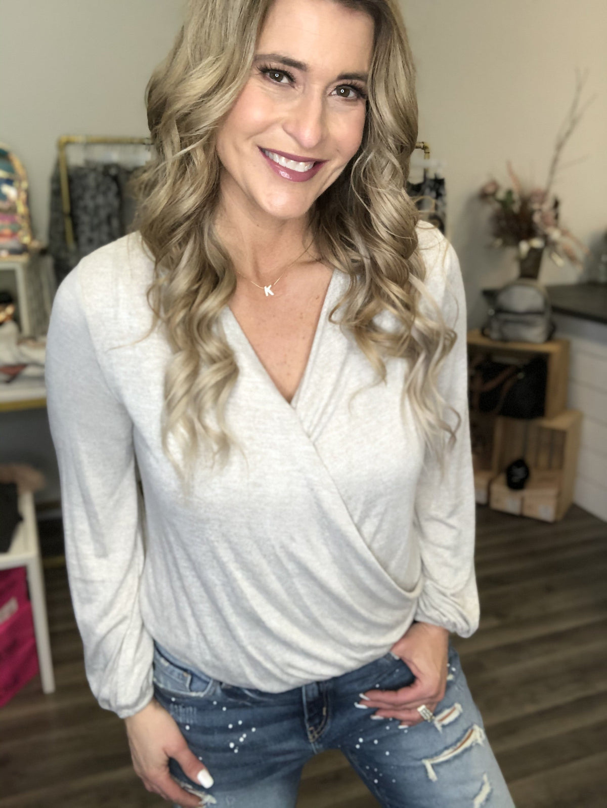 Cross Over Delight Bloused Hem Top Oatmeal *Final Sale*