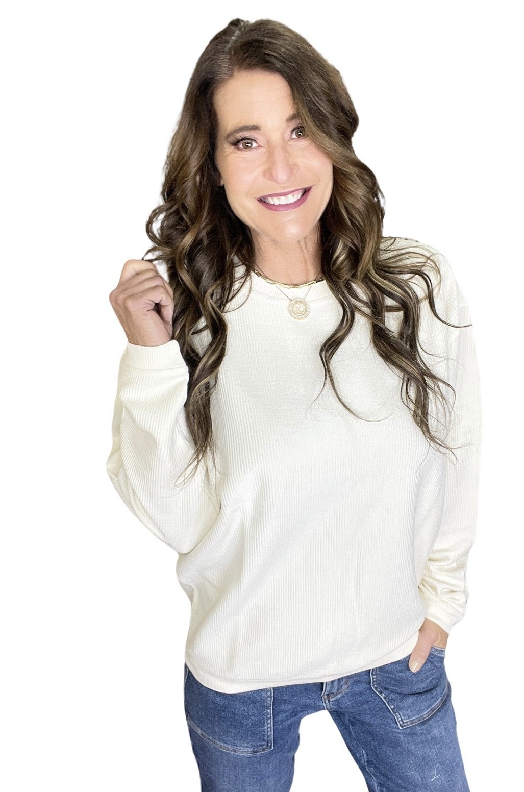 Snow Washed Essential Corded Crew Sweatshirt in Vanilla Cream
