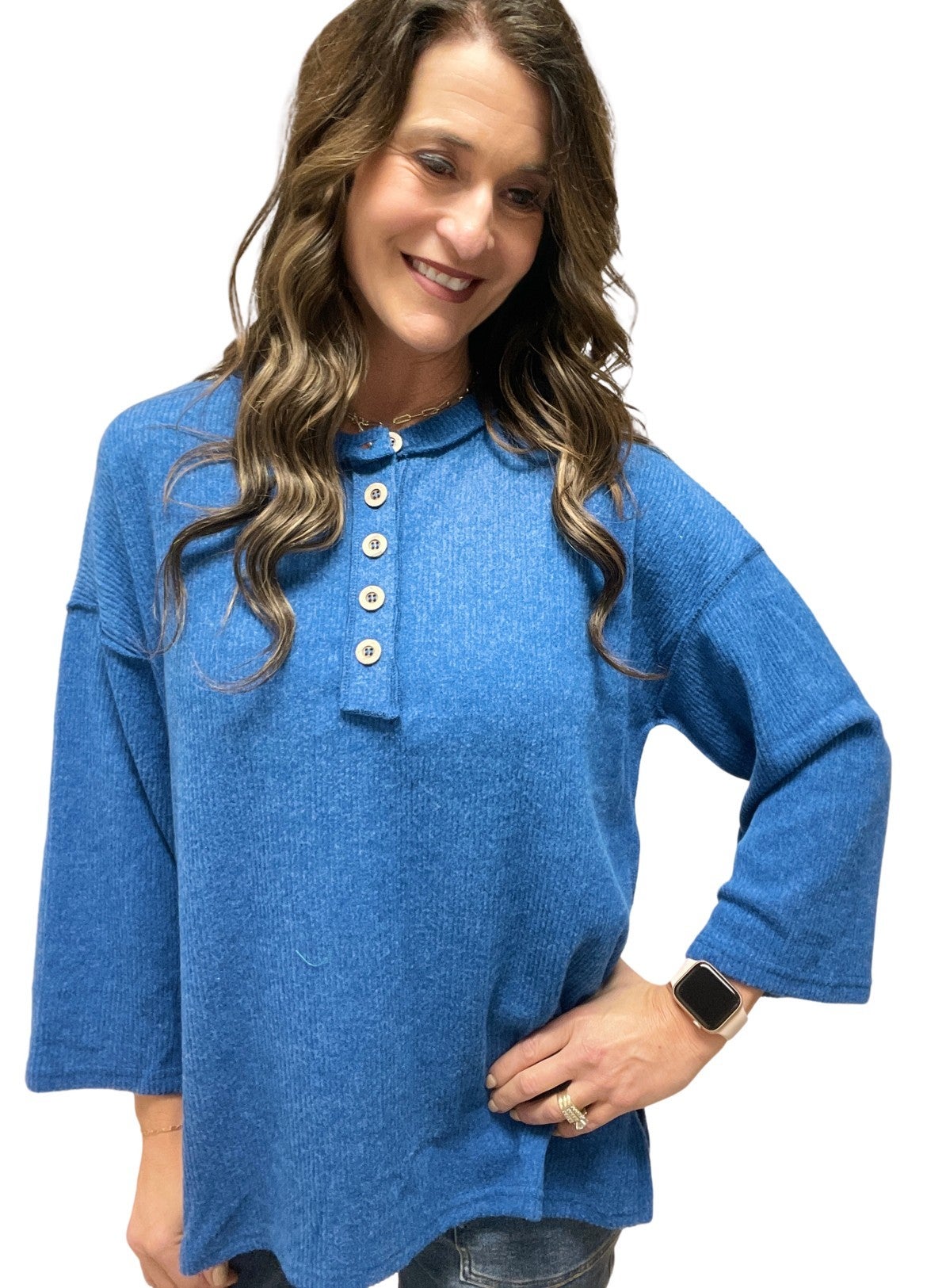 Button Me Up Brushed Ribbed Top in Royal Blue *Final Sale*
